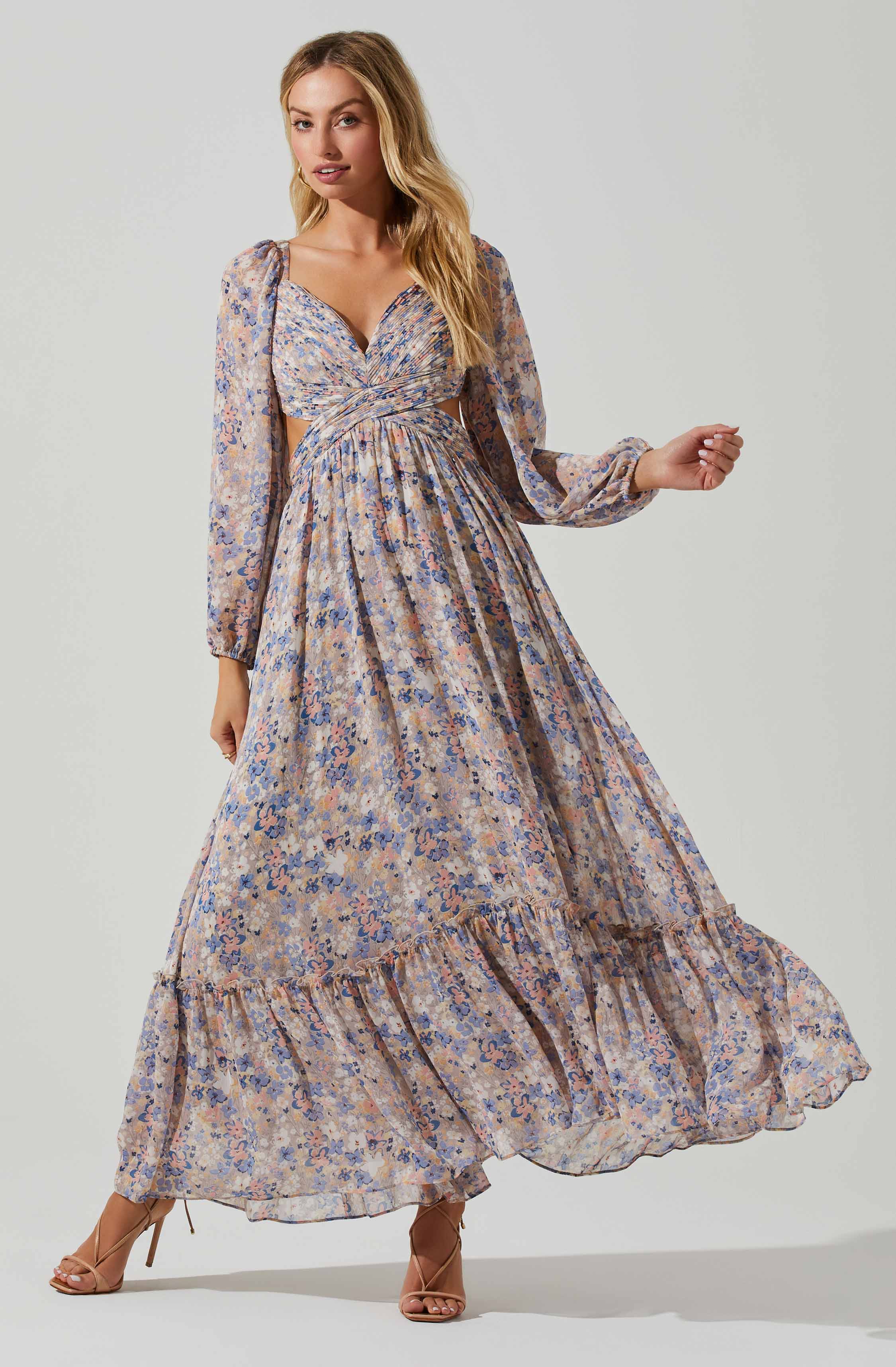 Kammy Floral Open Back Strappy Long Sleeve Maxi Dress-Aljck