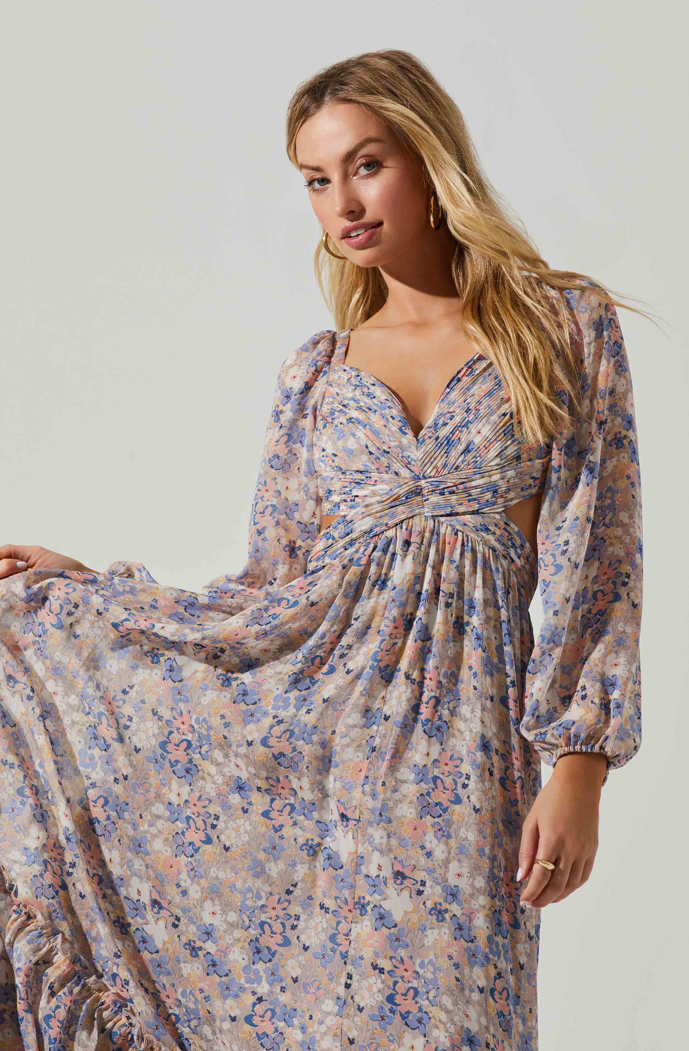 Kammy Floral Open Back Strappy Long Sleeve Maxi Dress-Aljck