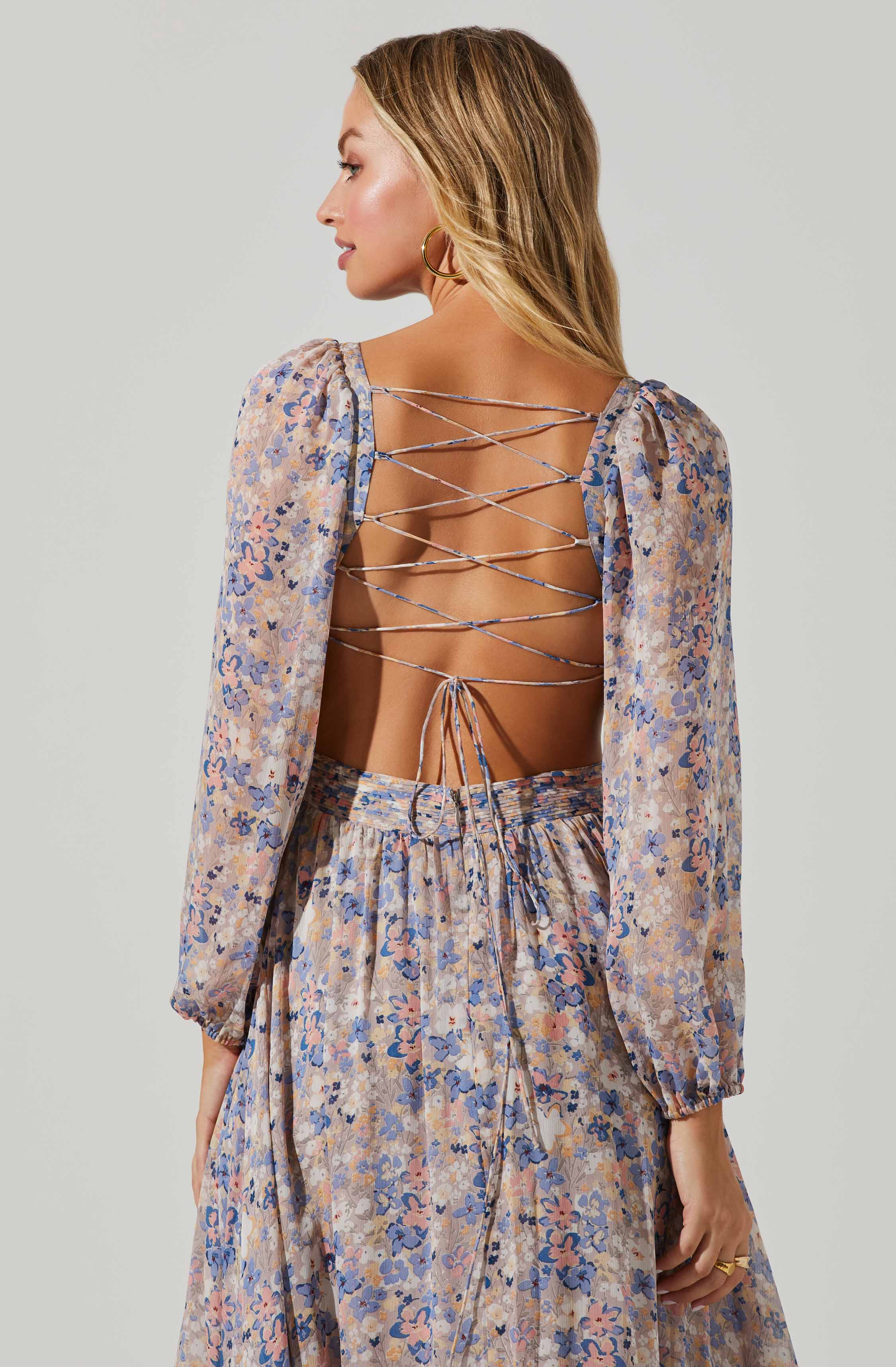 Kammy Floral Open Back Strappy Long Sleeve Maxi Dress-Aljck