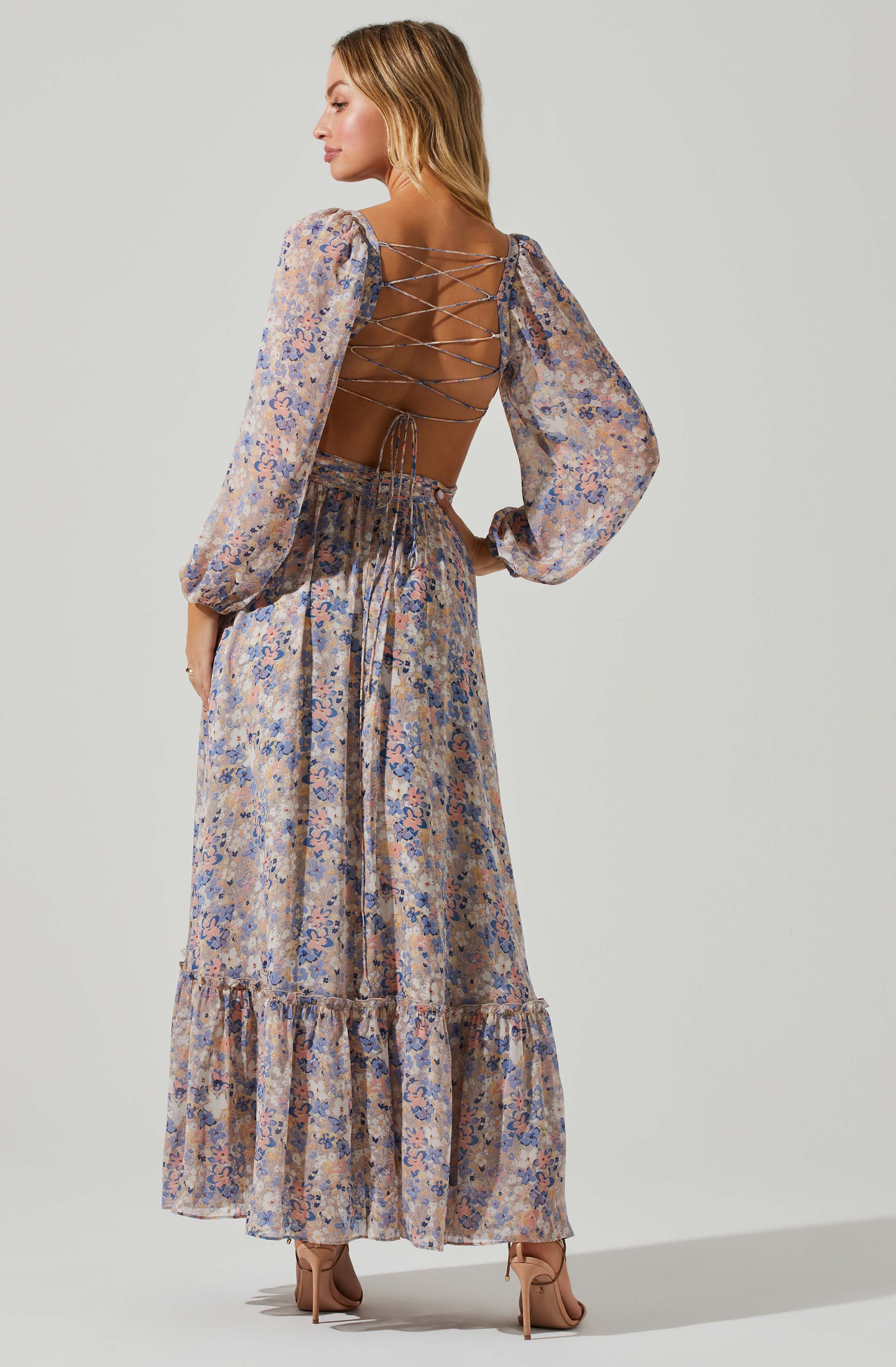 Kammy Floral Open Back Strappy Long Sleeve Maxi Dress-Aljck