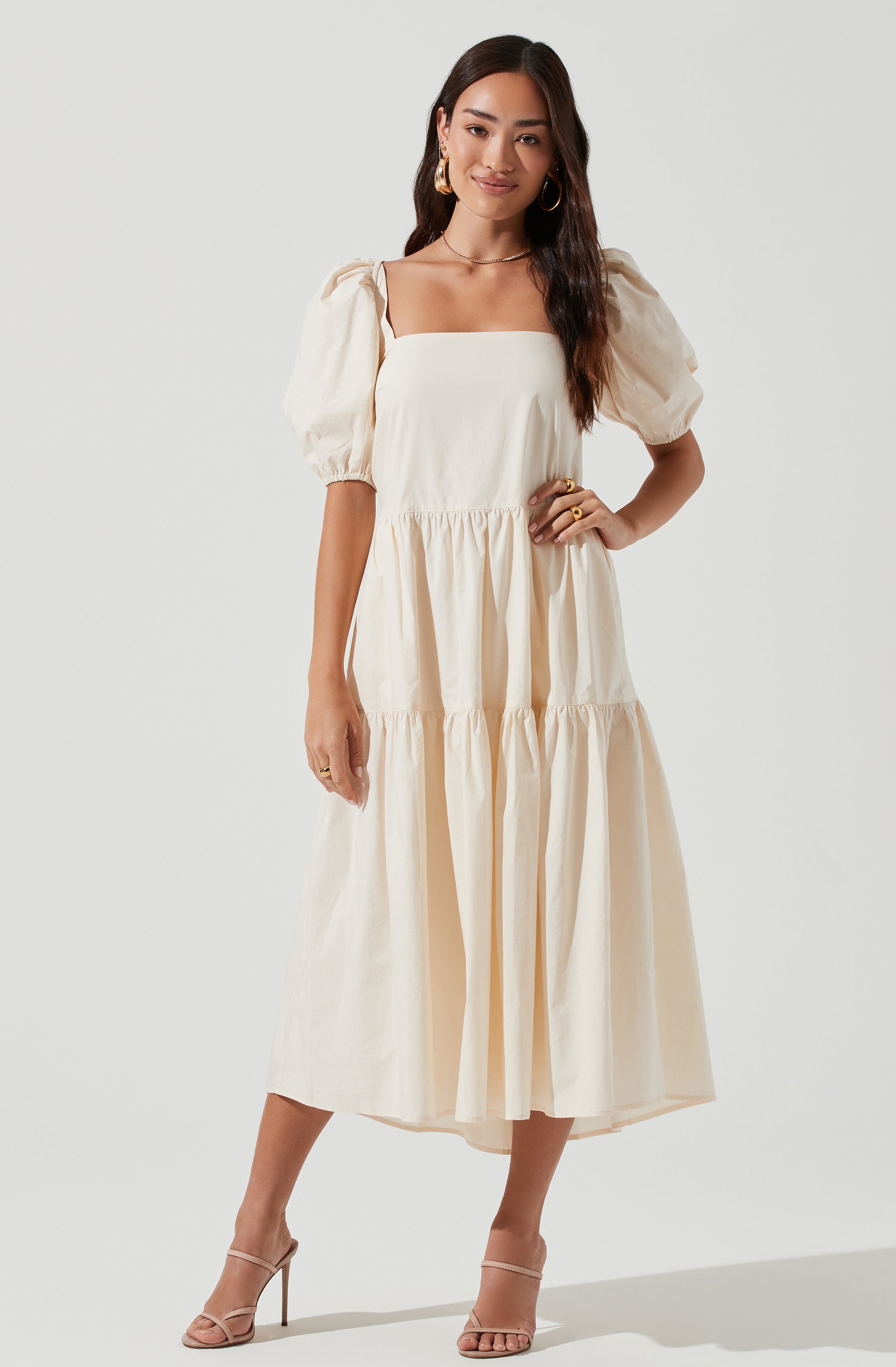 Ilana Puff Sleeve Tiered Midi Dress-Aljck