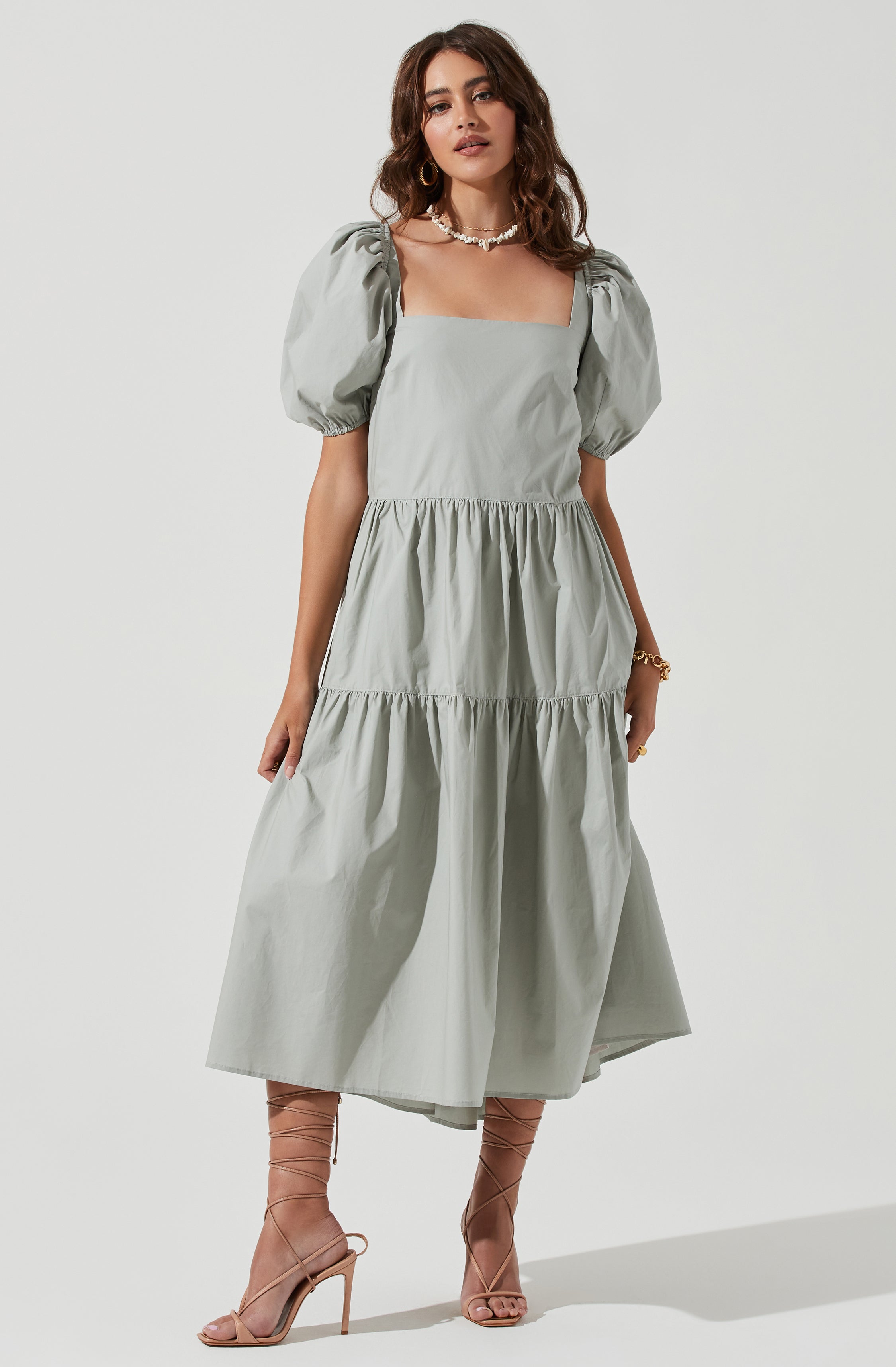 Ilana Puff Sleeve Tiered Midi Dress-Aljck