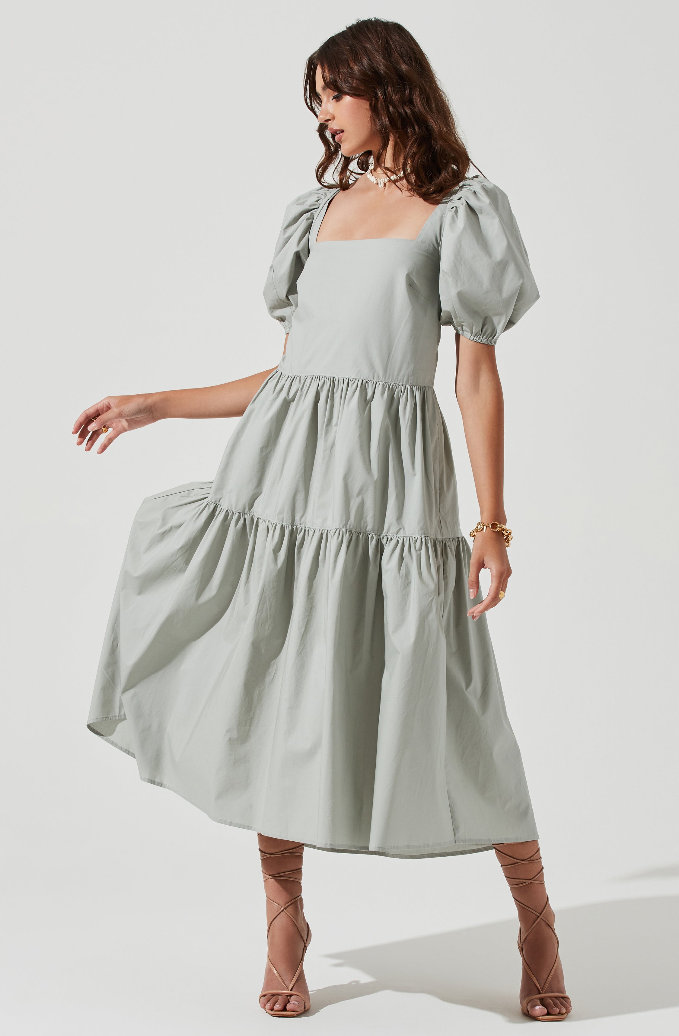 Ilana Puff Sleeve Tiered Midi Dress-Aljck