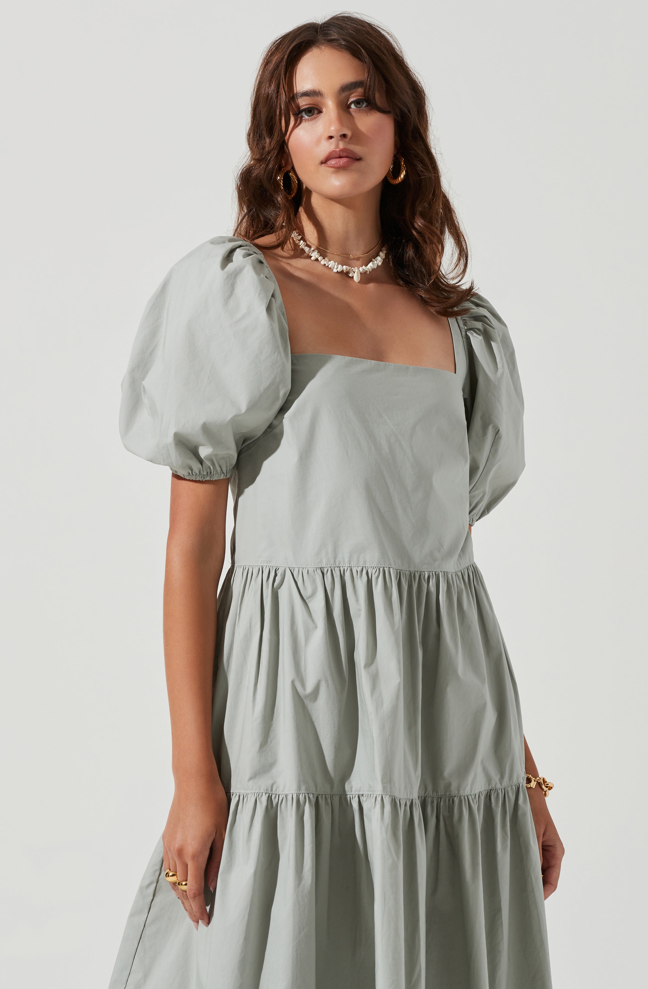 Ilana Puff Sleeve Tiered Midi Dress-Aljck