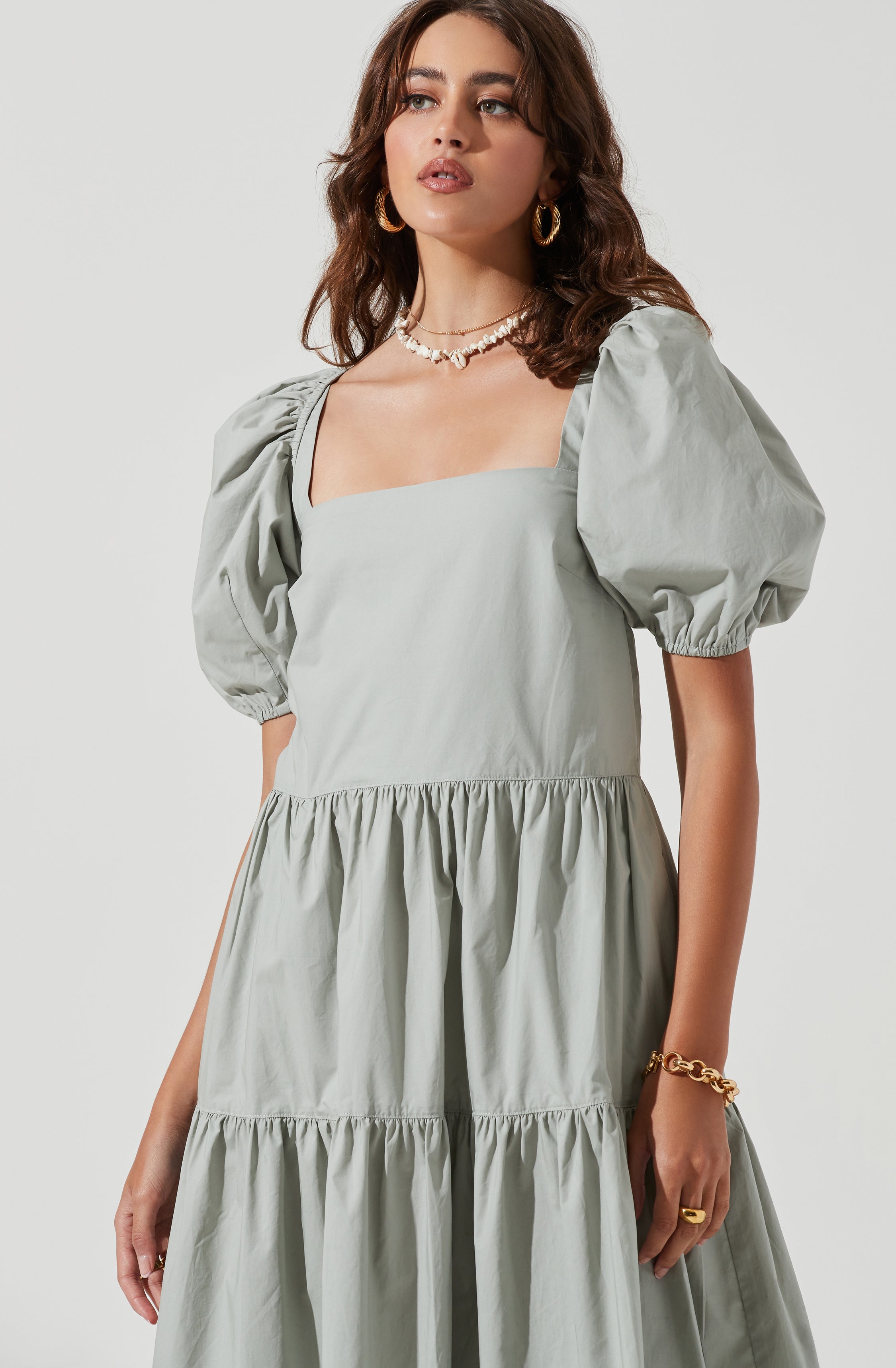 Ilana Puff Sleeve Tiered Midi Dress-Aljck