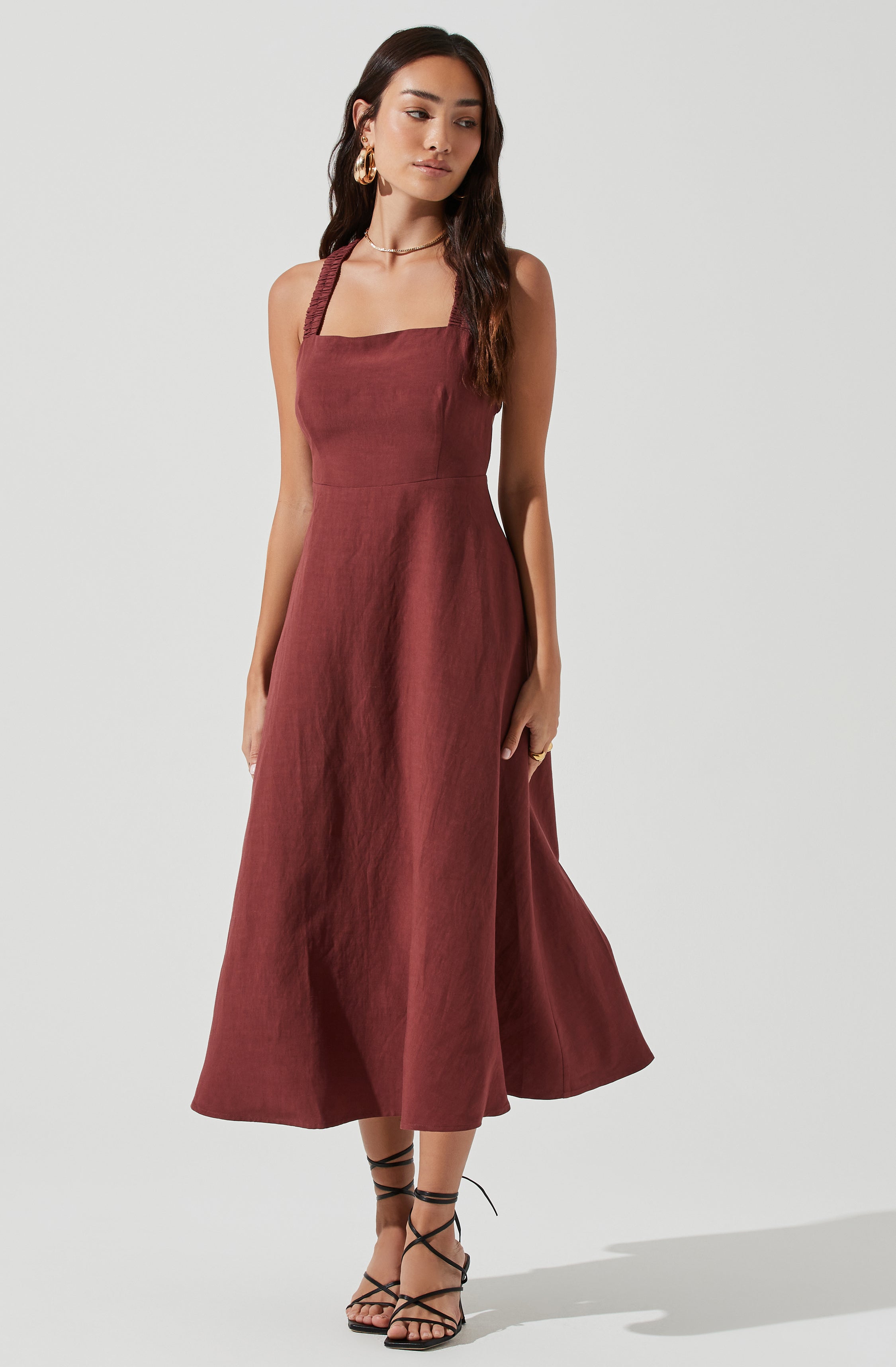 Valenz Square Neck Open Back Midi Dress-Aljck