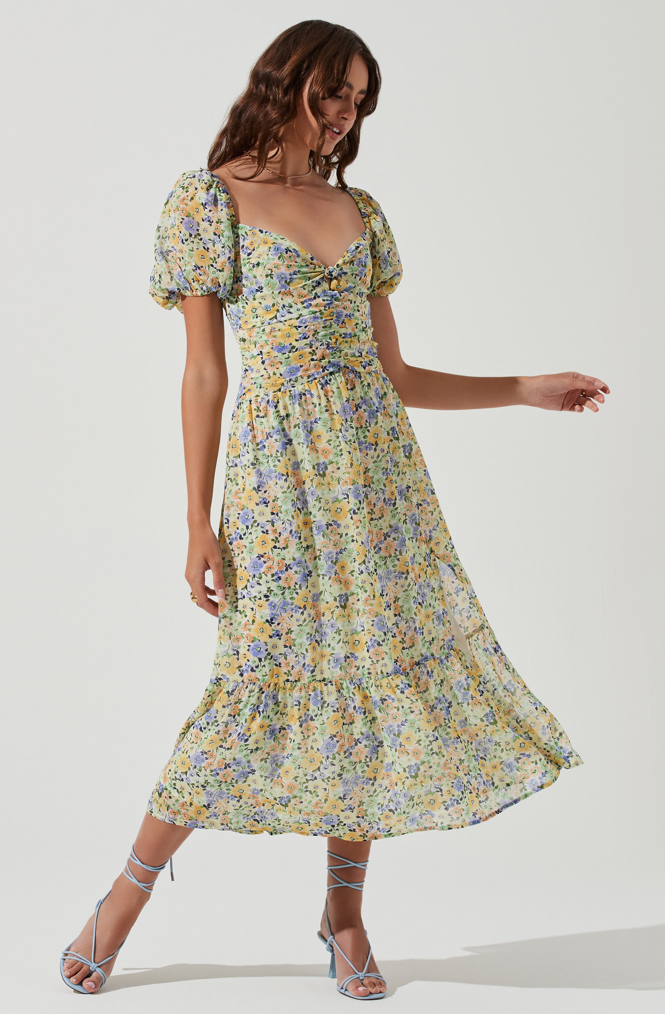 Irma Floral Puff Sleeve Midi Dress-Aljck