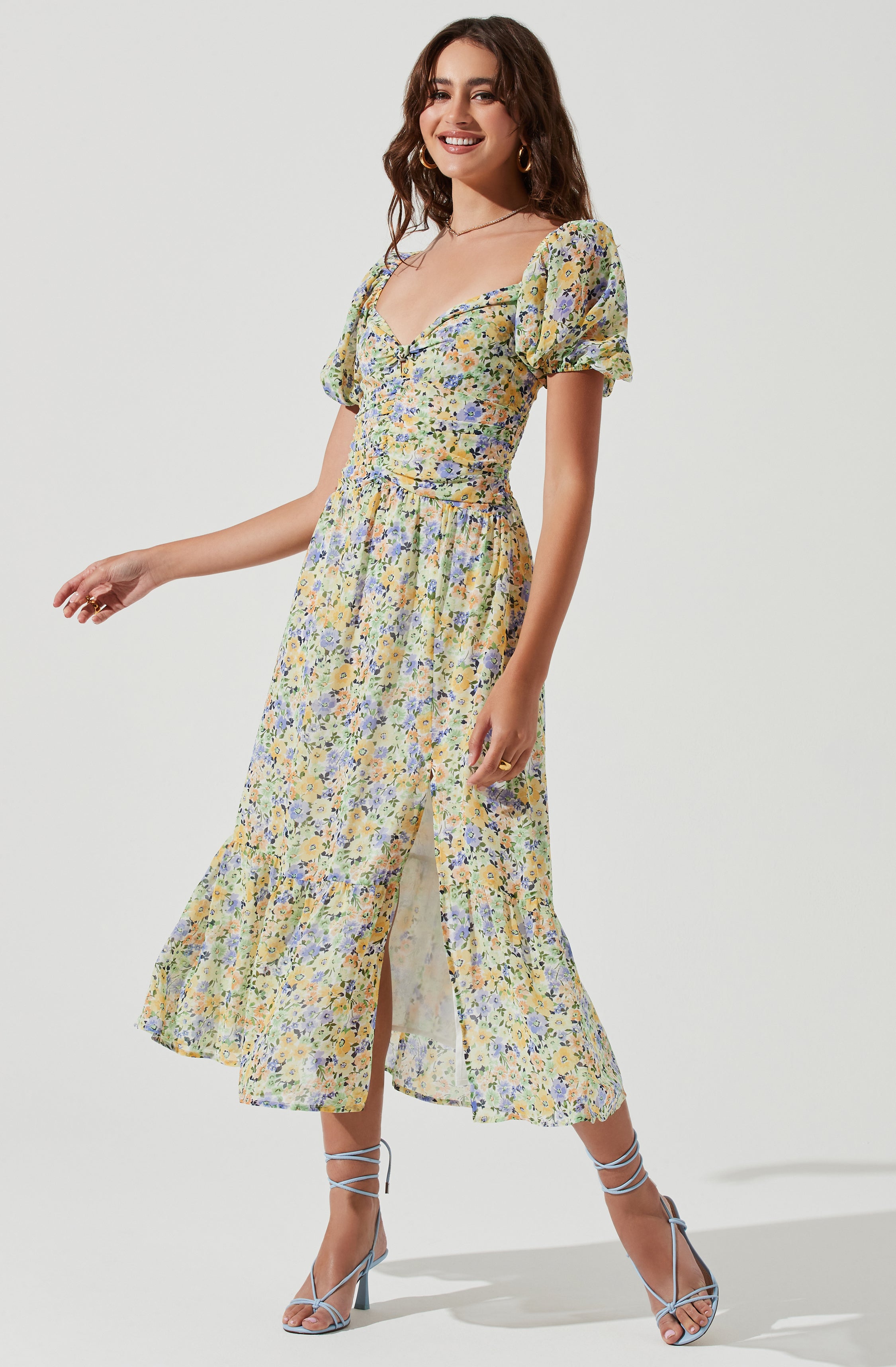 Irma Floral Puff Sleeve Midi Dress-Aljck