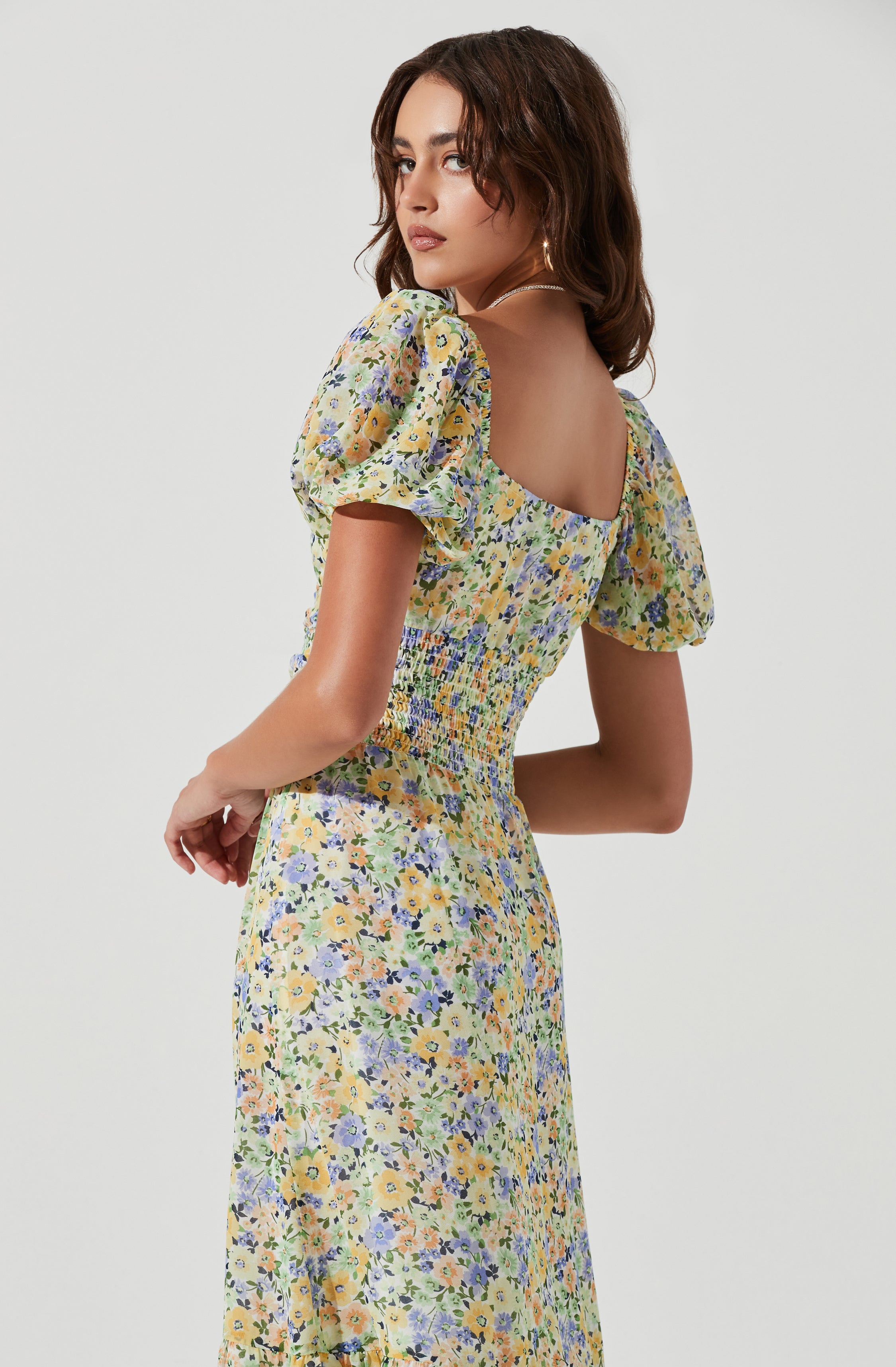Irma Floral Puff Sleeve Midi Dress-Aljck