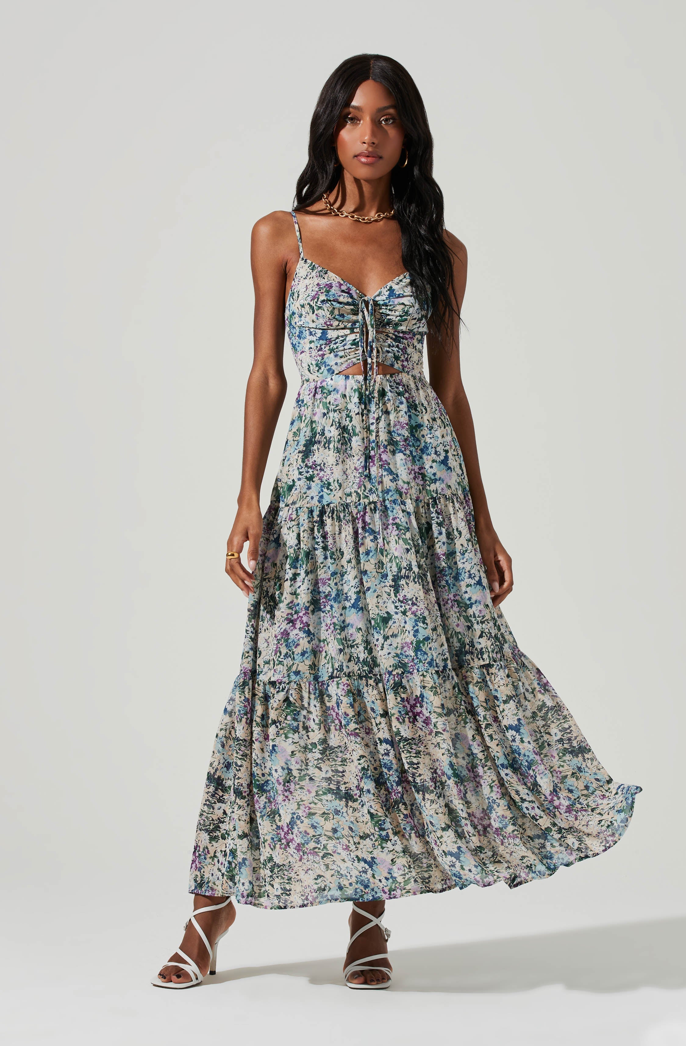 Brandy Floral Cinched Front Cutout Maxi Dress-Aljck