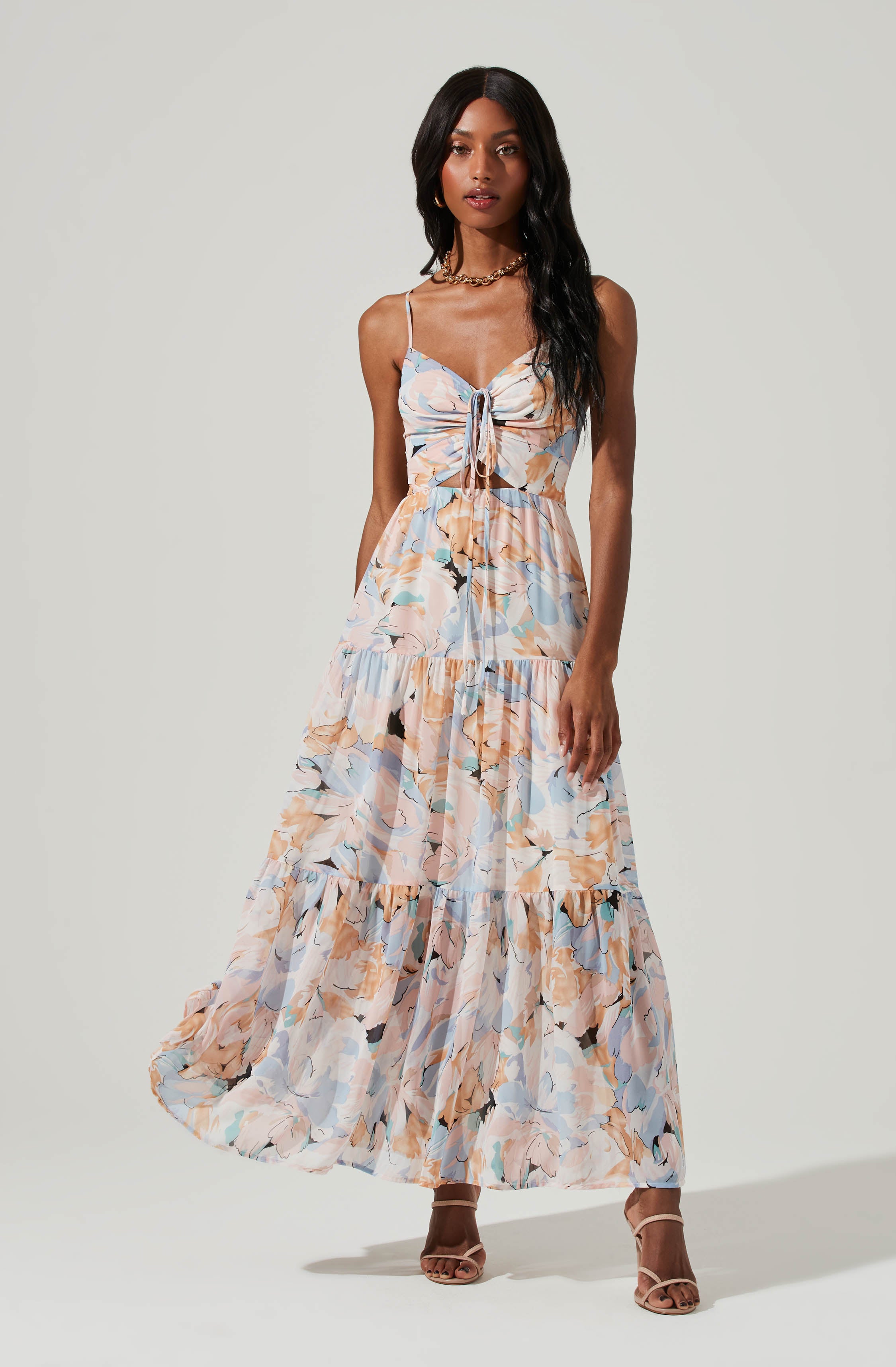 Brandy Floral Cinched Front Cutout Maxi Dress-Aljck