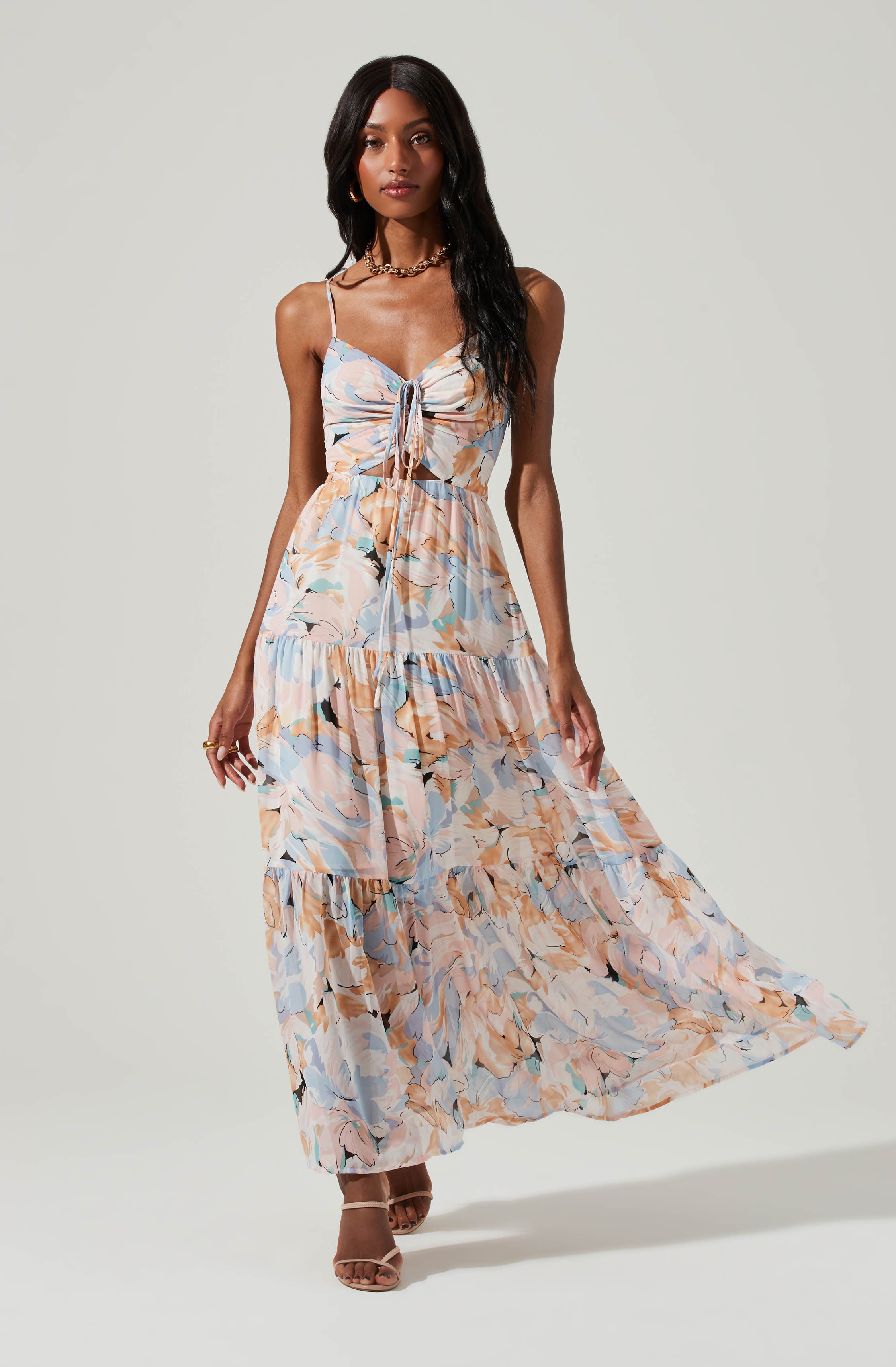 Brandy Floral Cinched Front Cutout Maxi Dress-Aljck