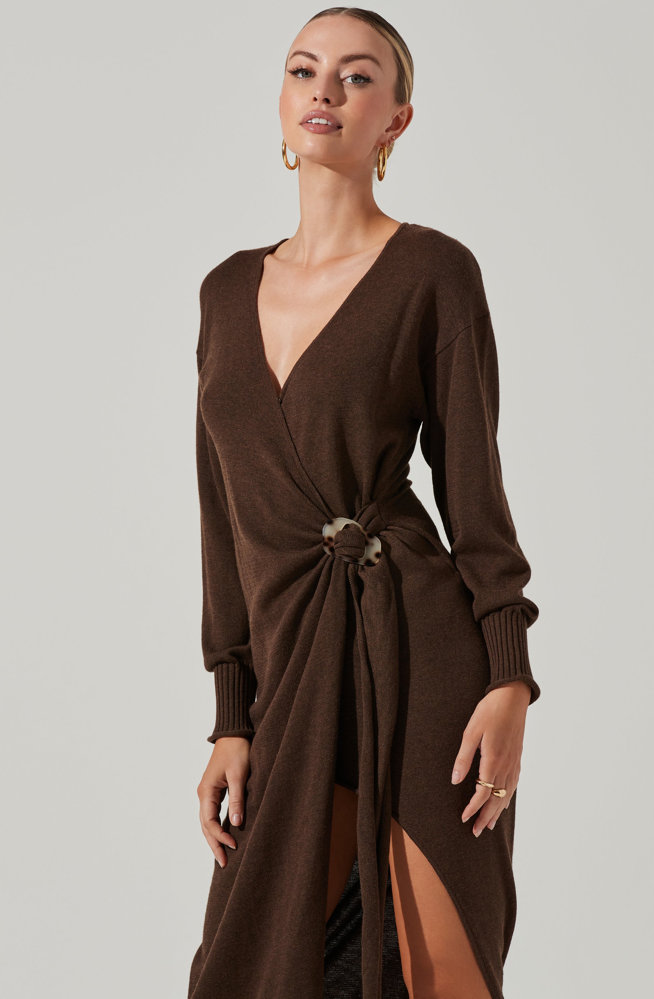 Mazzy Long Sleeve Wrap Midi Dress-Aljck