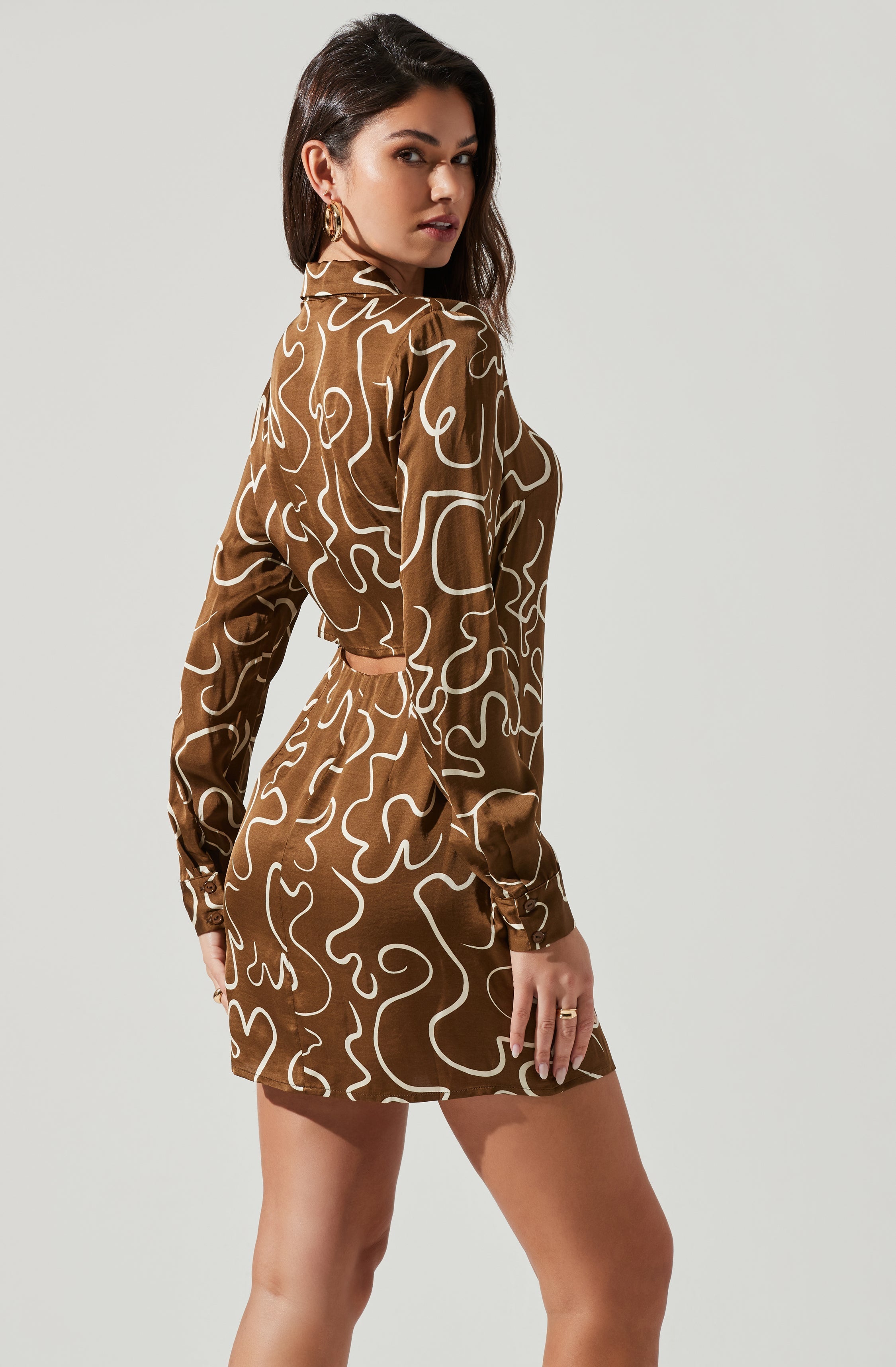 Retro Abstract Print Long Sleeve Mini Dress-Aljck
