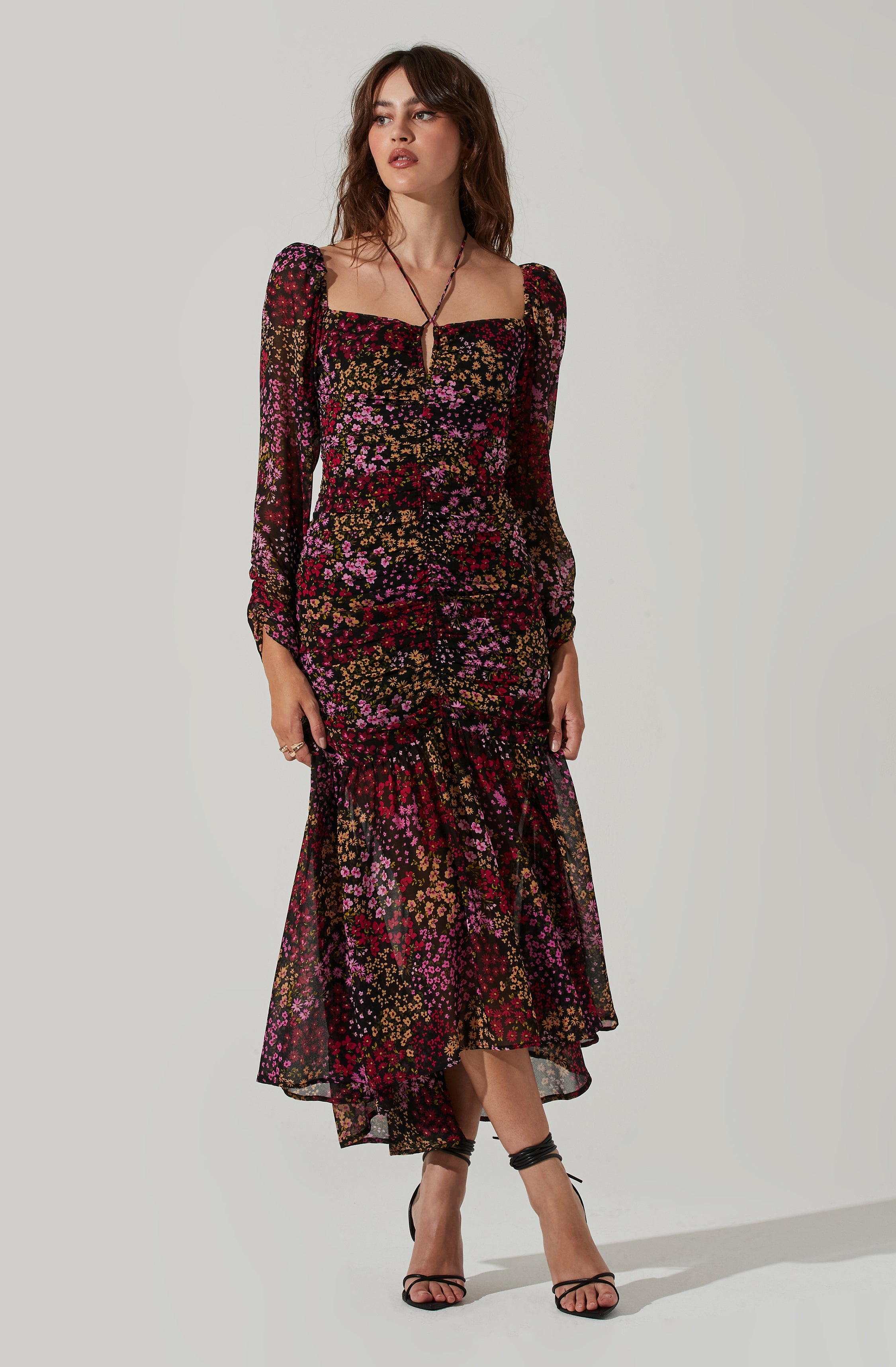 Athena Floral Ruched Long Sleeve Midi Dress-Aljck
