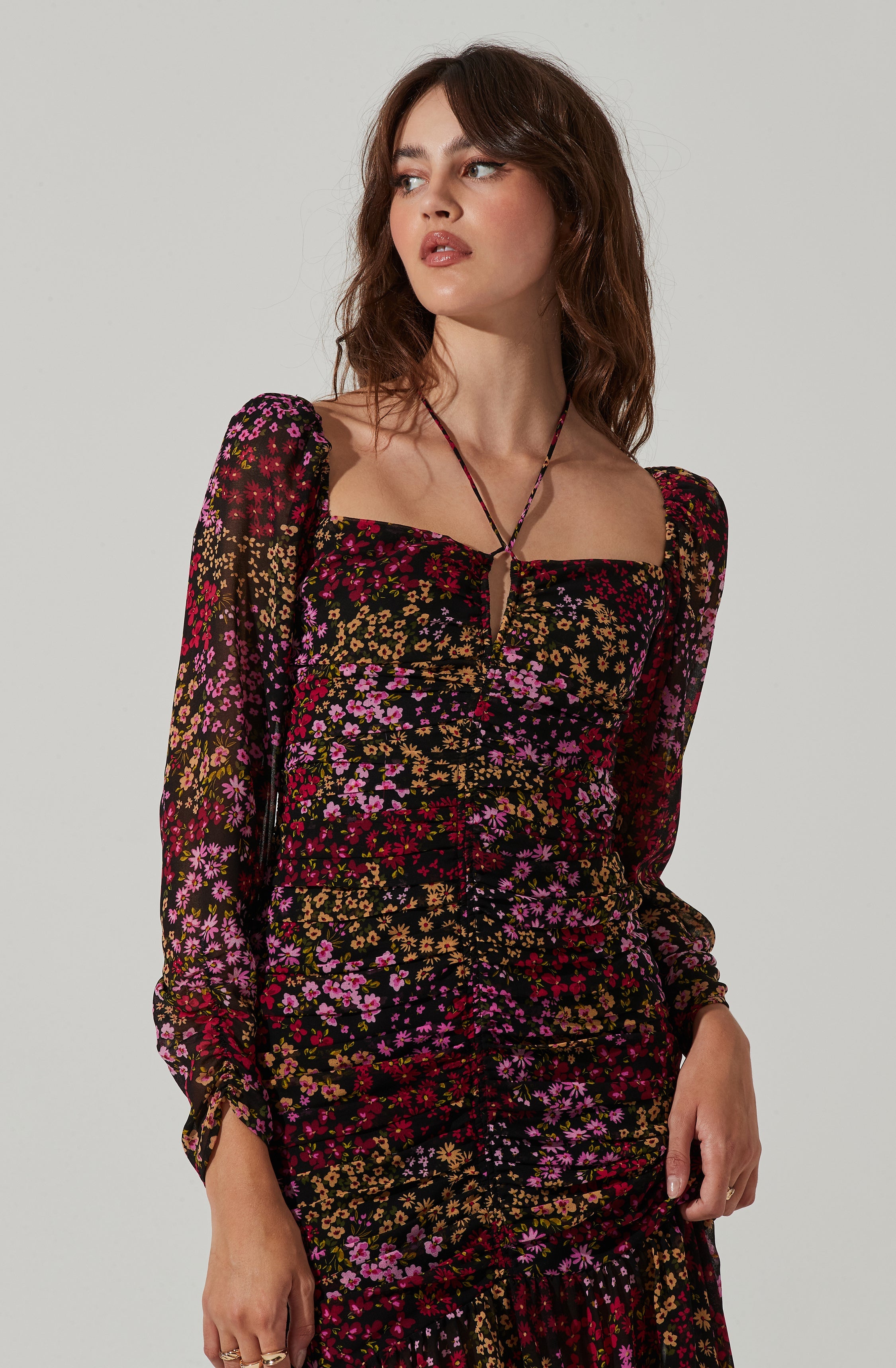 Athena Floral Ruched Long Sleeve Midi Dress-Aljck