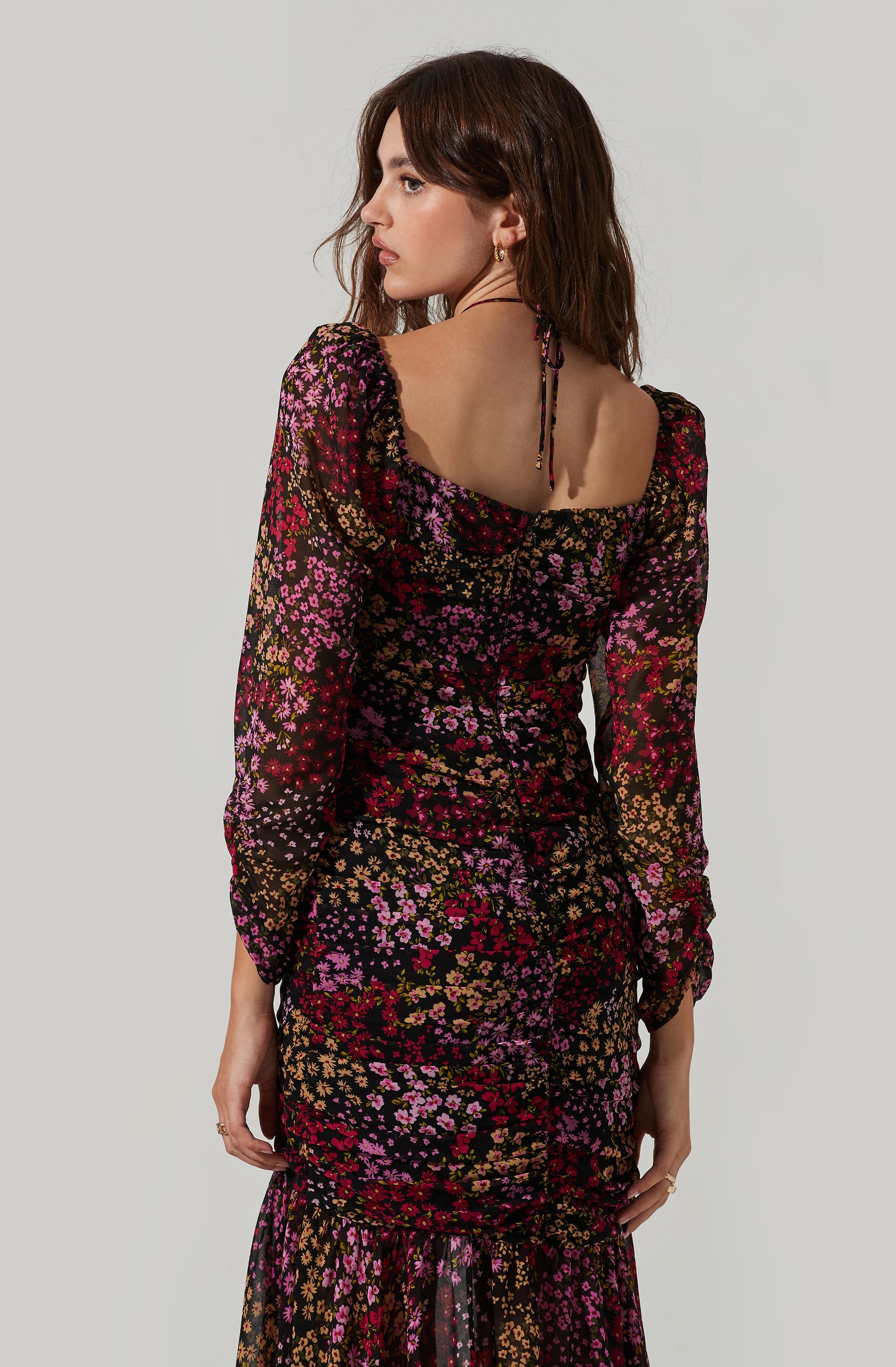 Athena Floral Ruched Long Sleeve Midi Dress-Aljck