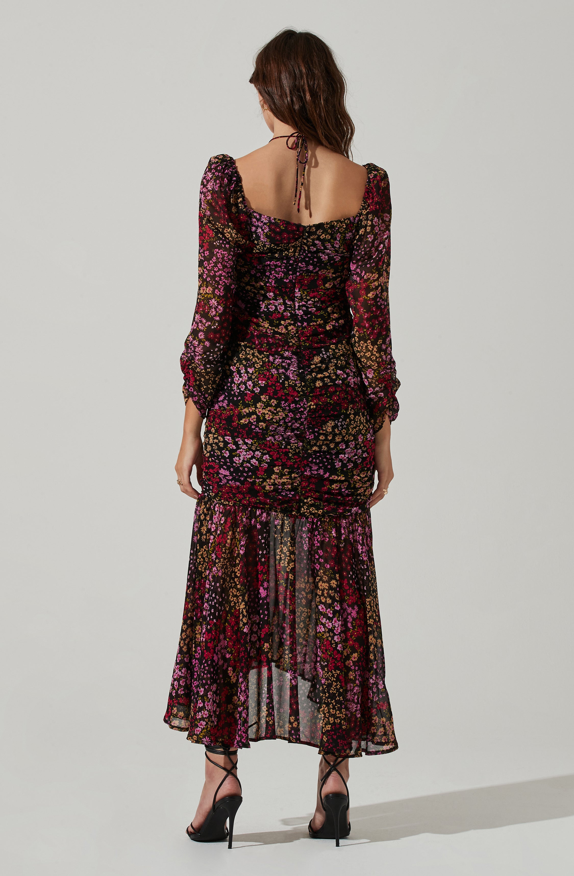 Athena Floral Ruched Long Sleeve Midi Dress-Aljck