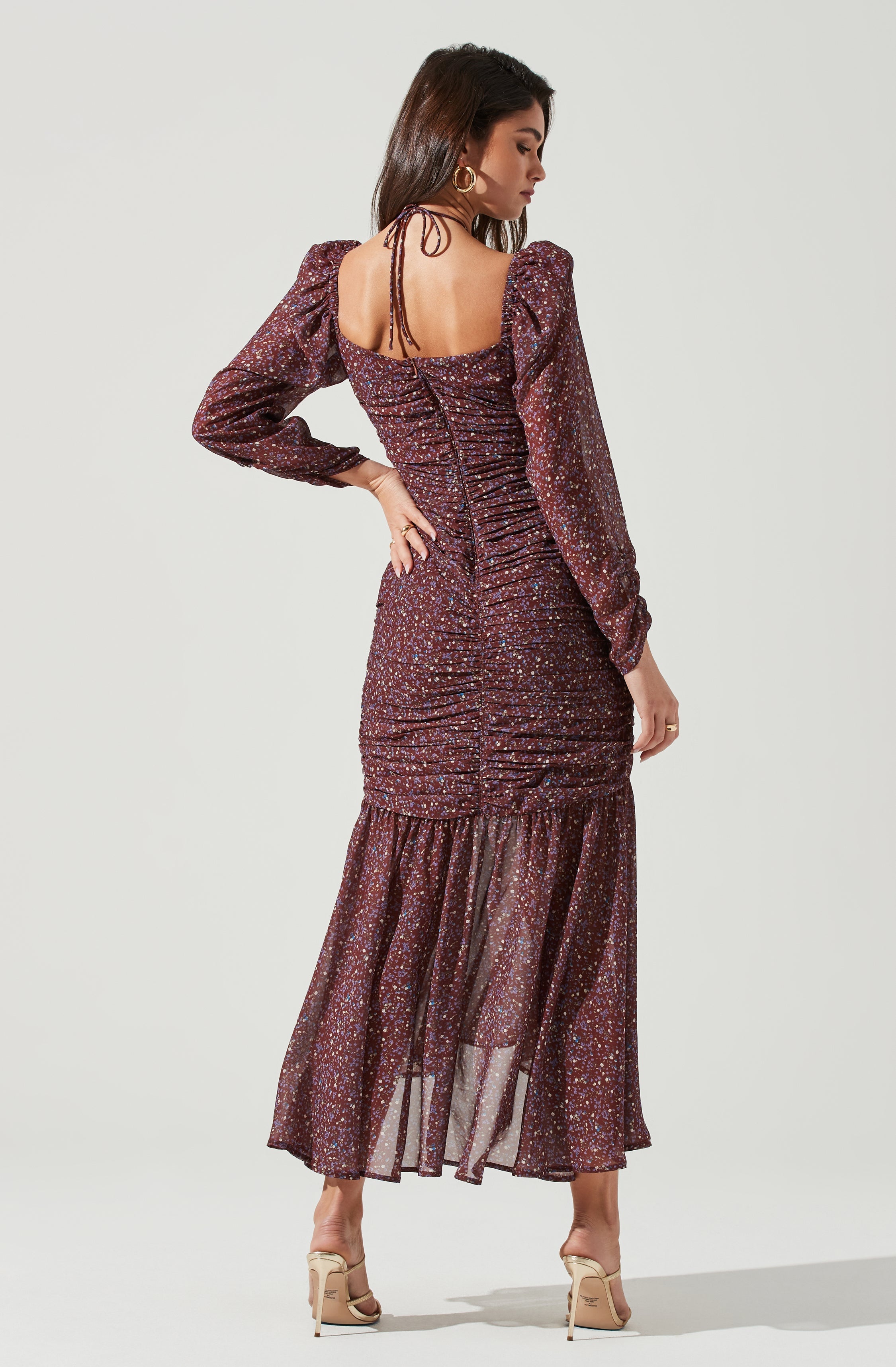 Athena Floral Ruched Long Sleeve Midi Dress-Aljck