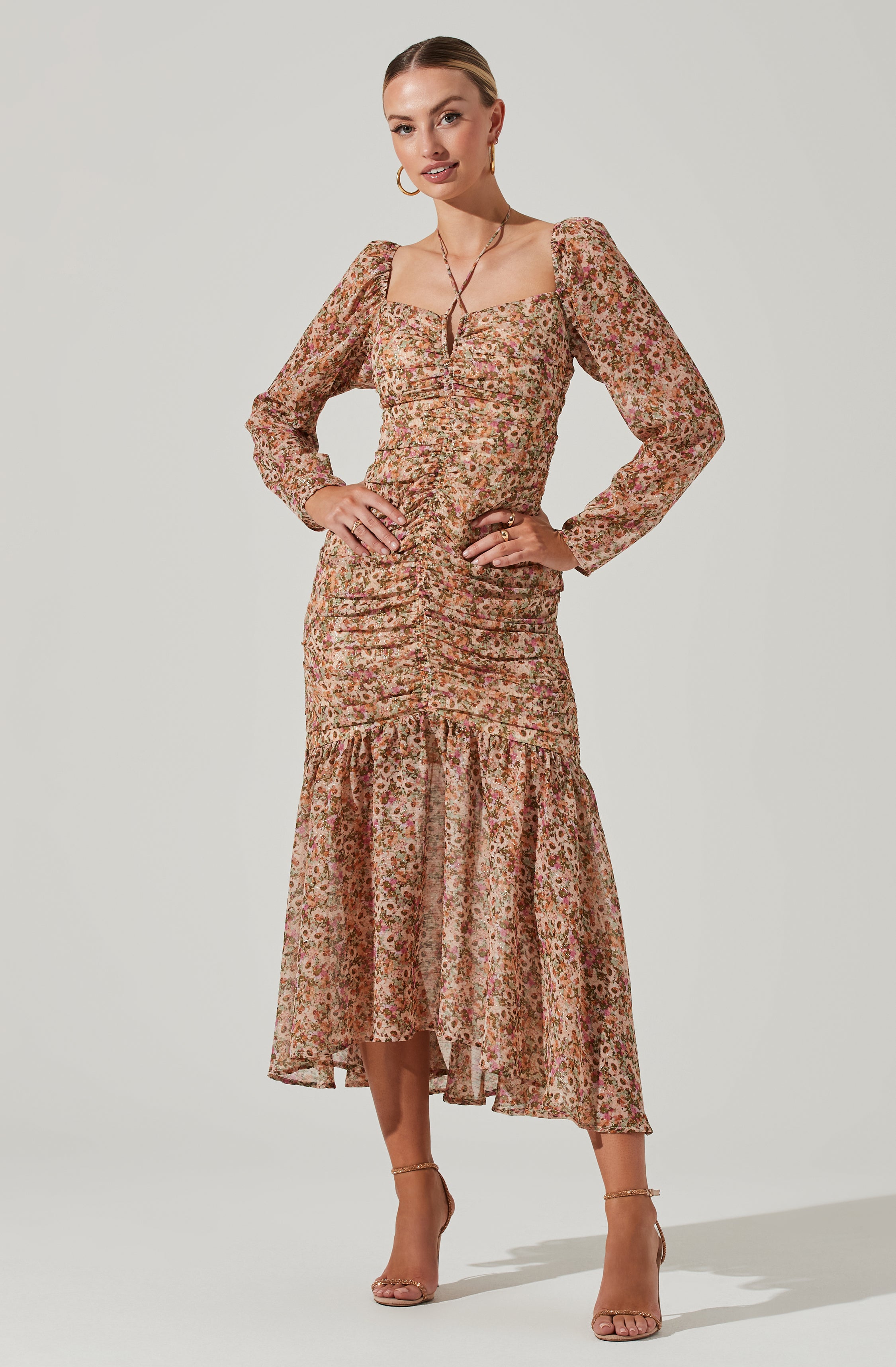 Athena Floral Ruched Long Sleeve Midi Dress-Aljck