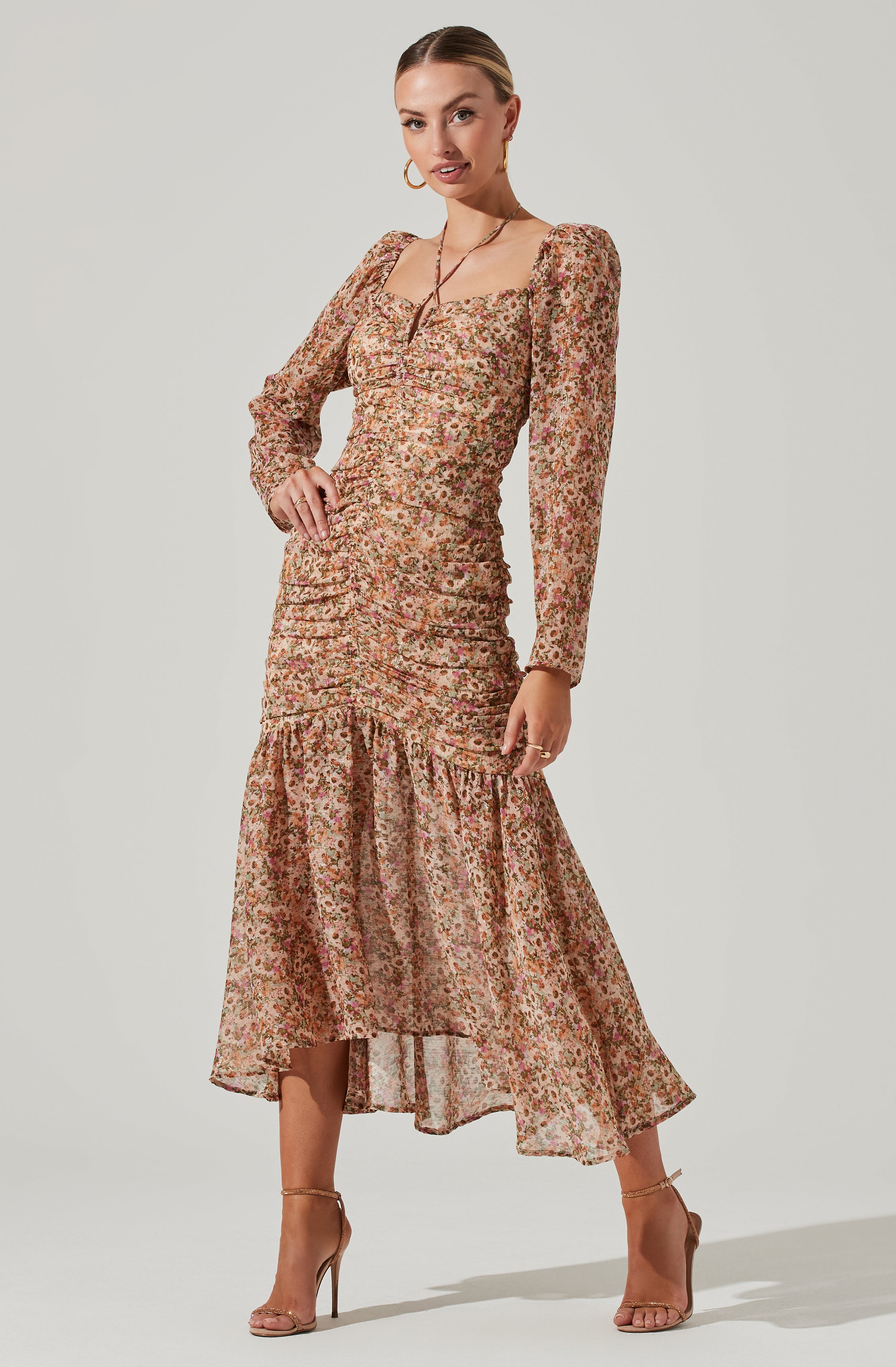 Athena Floral Ruched Long Sleeve Midi Dress-Aljck