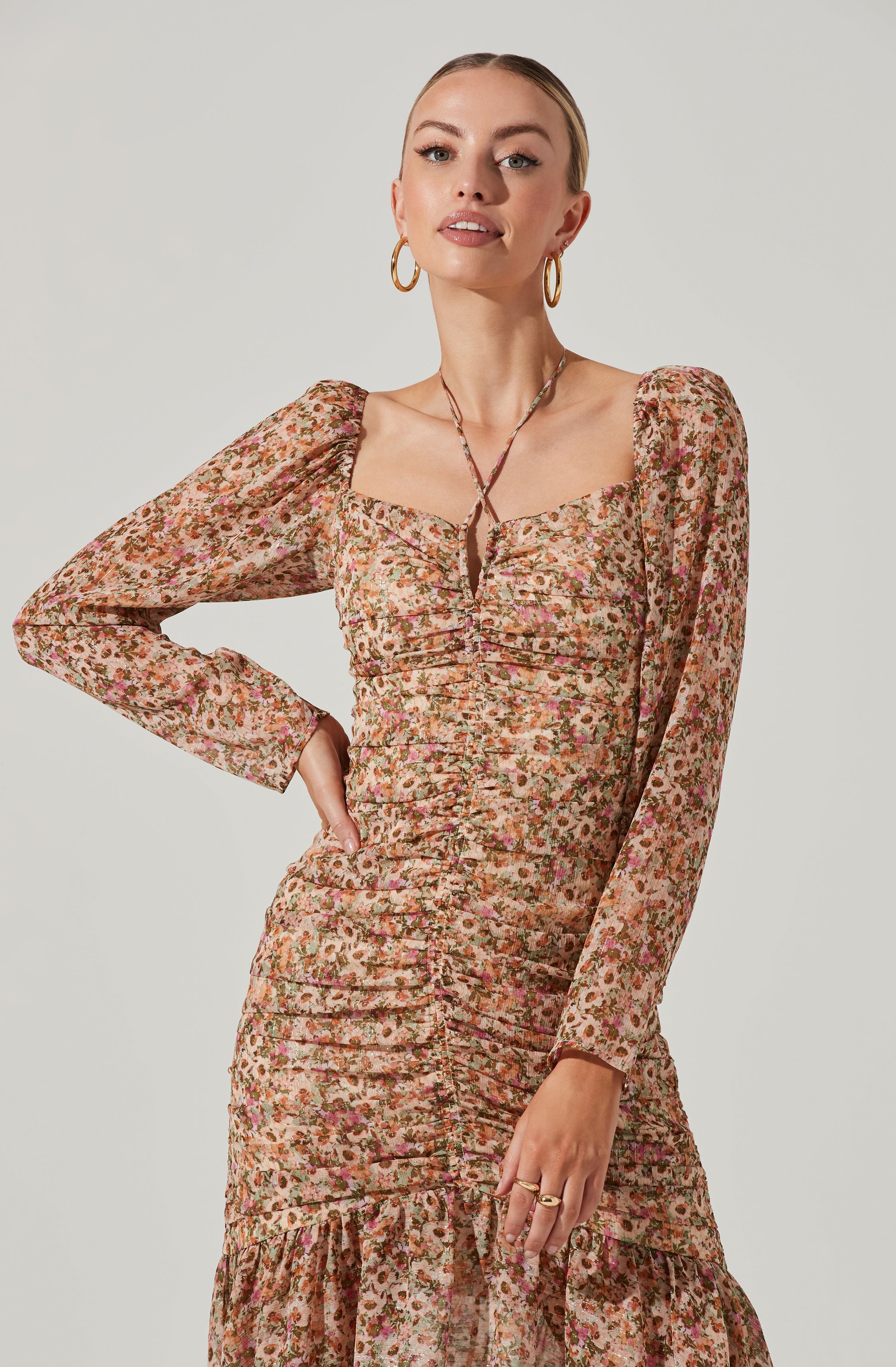 Athena Floral Ruched Long Sleeve Midi Dress-Aljck