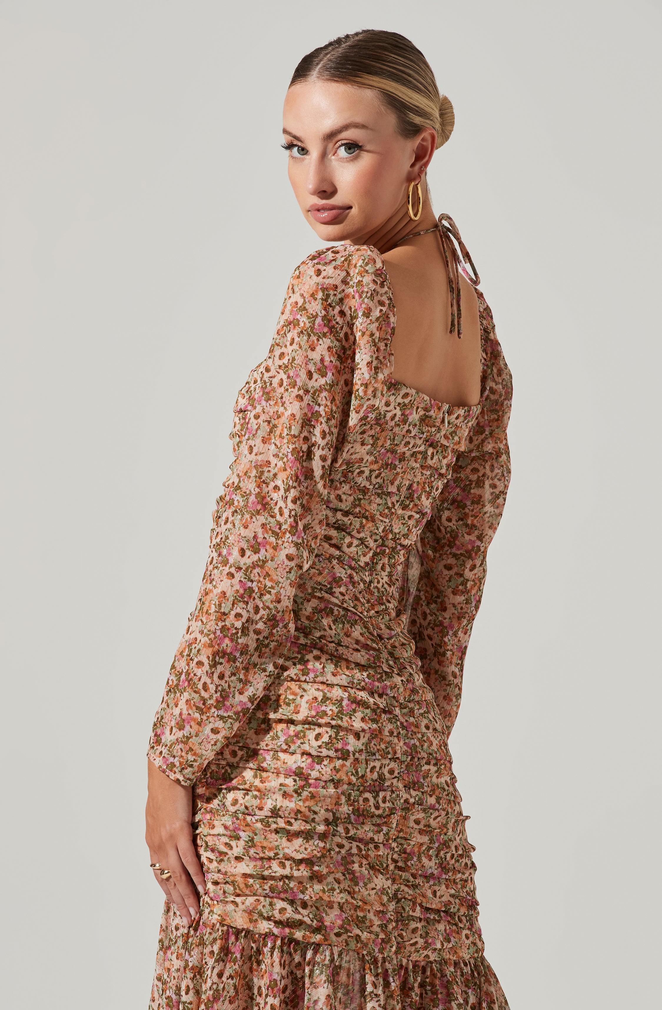 Athena Floral Ruched Long Sleeve Midi Dress-Aljck