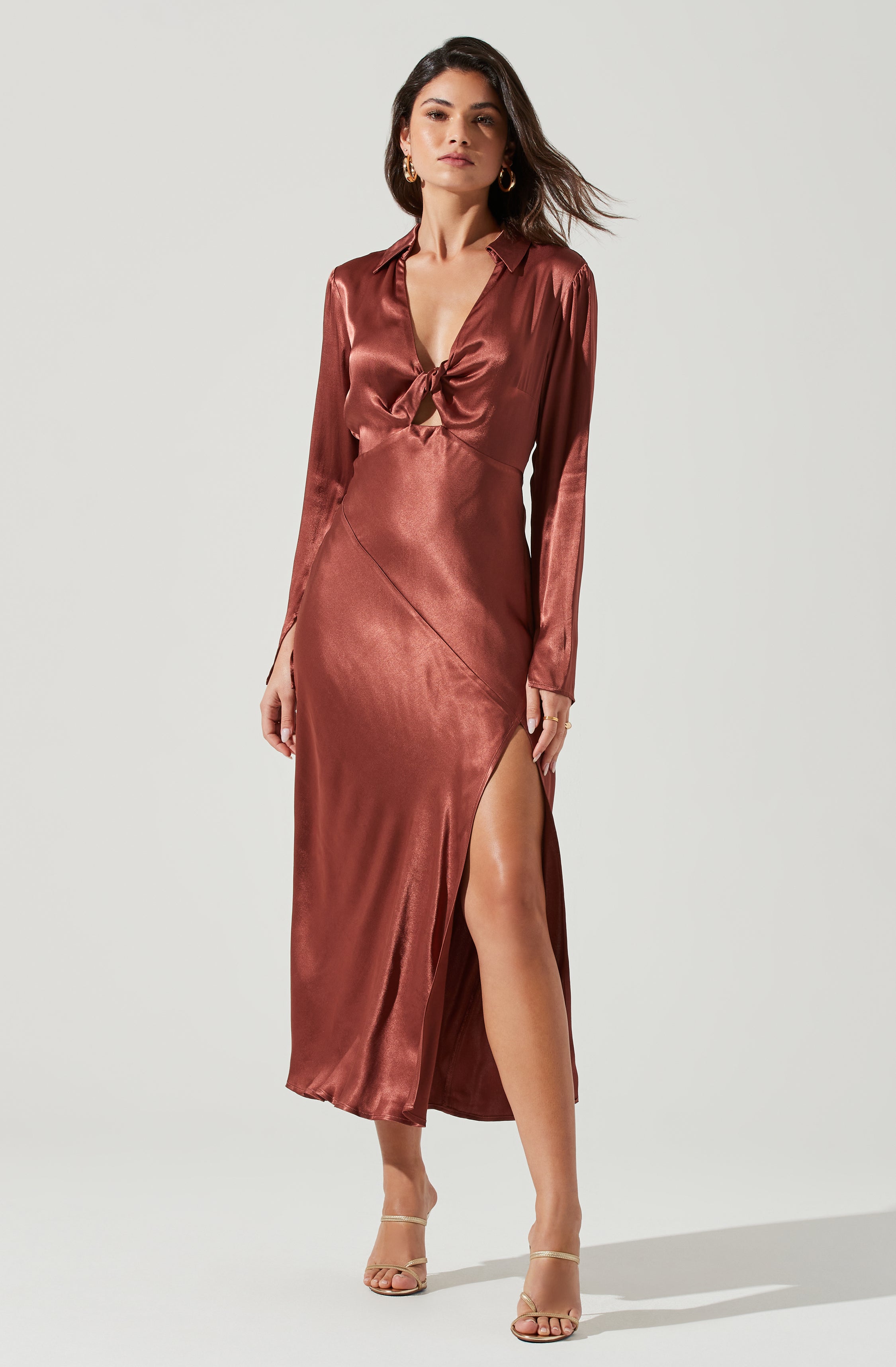 Wanda Satin Cutout Long Sleeve Midi Dress-Aljck