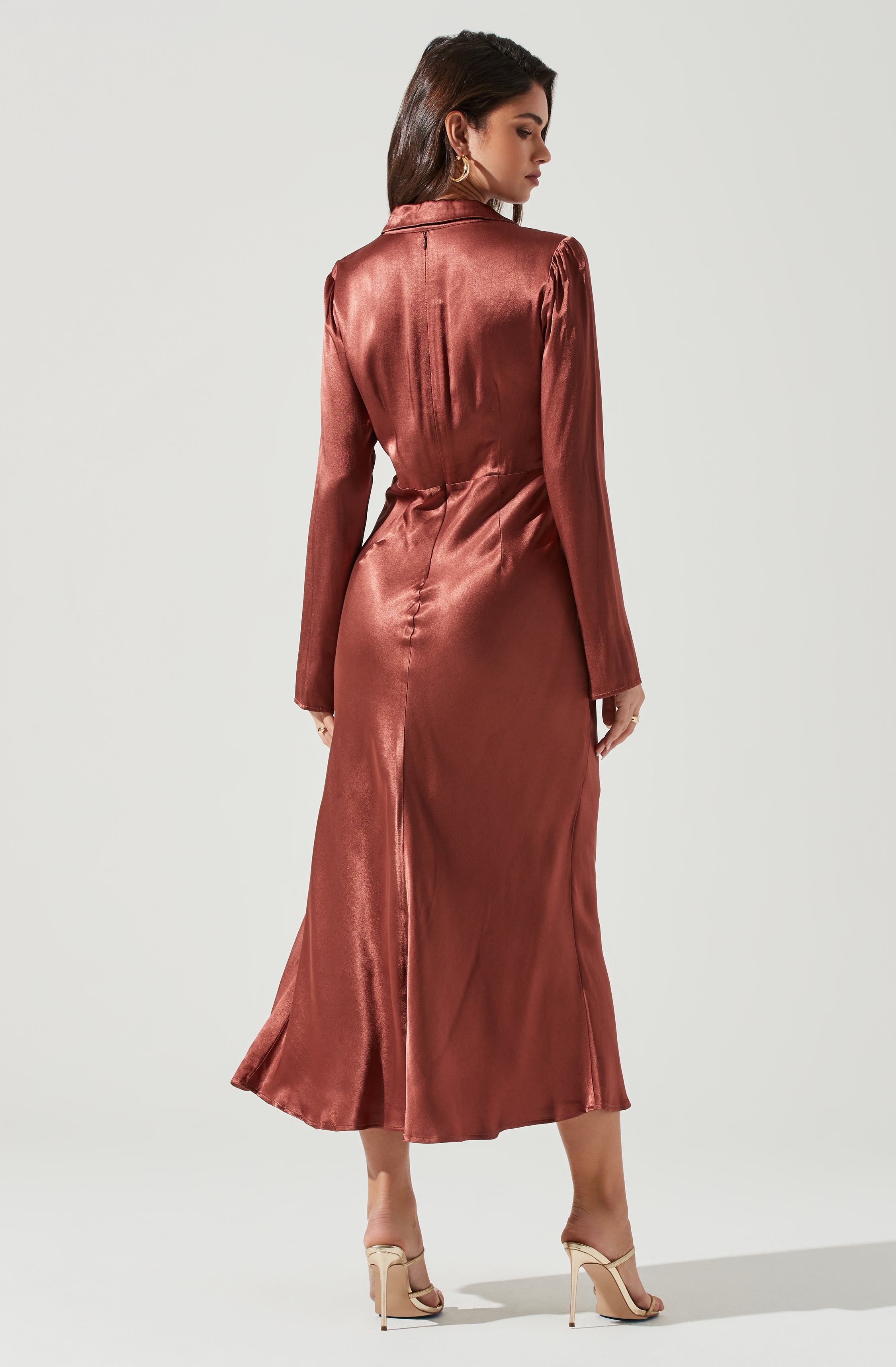 Wanda Satin Cutout Long Sleeve Midi Dress-Aljck