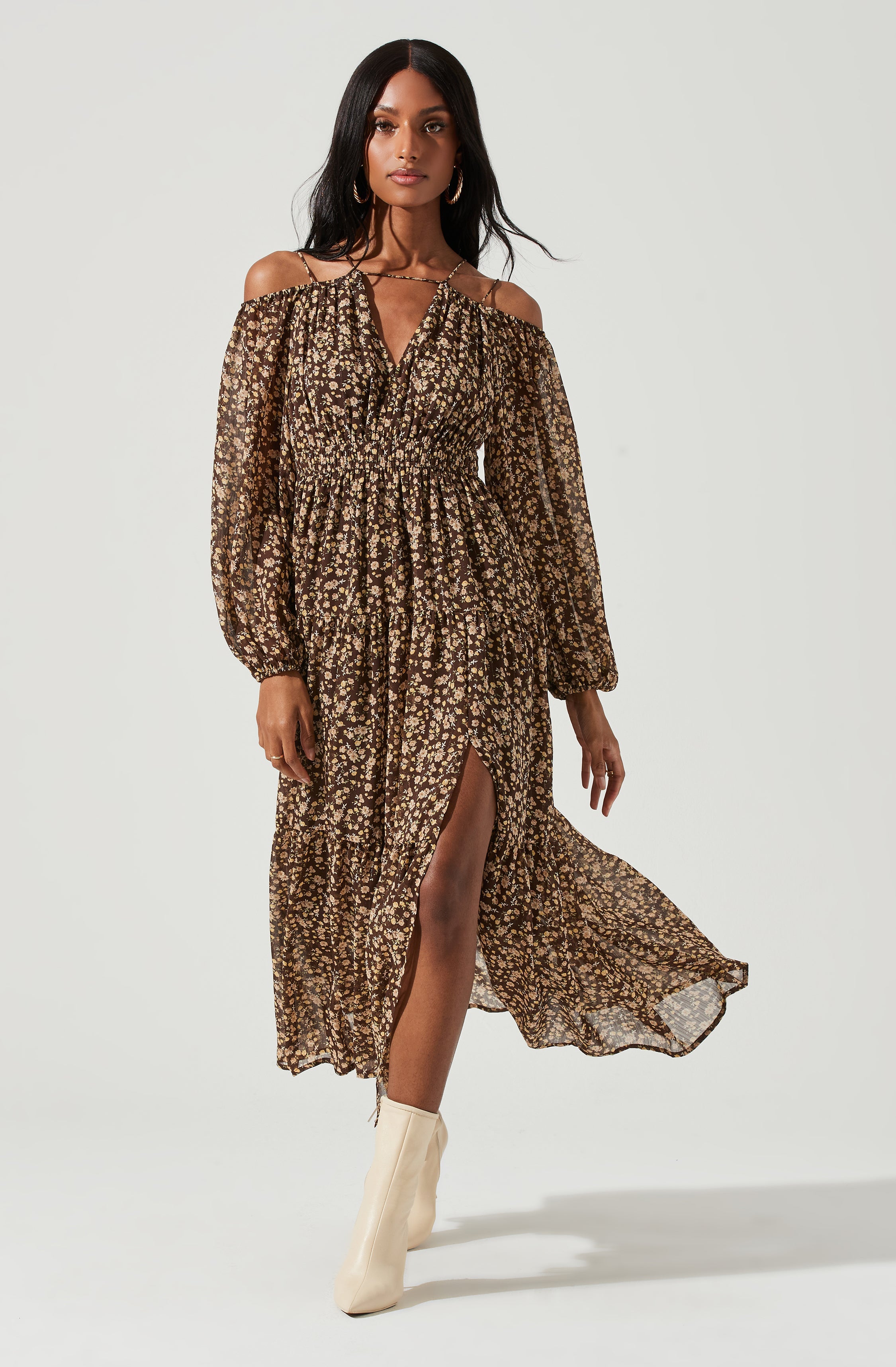 Ciri Floral Cold Shoulder Midi Dress-Aljck