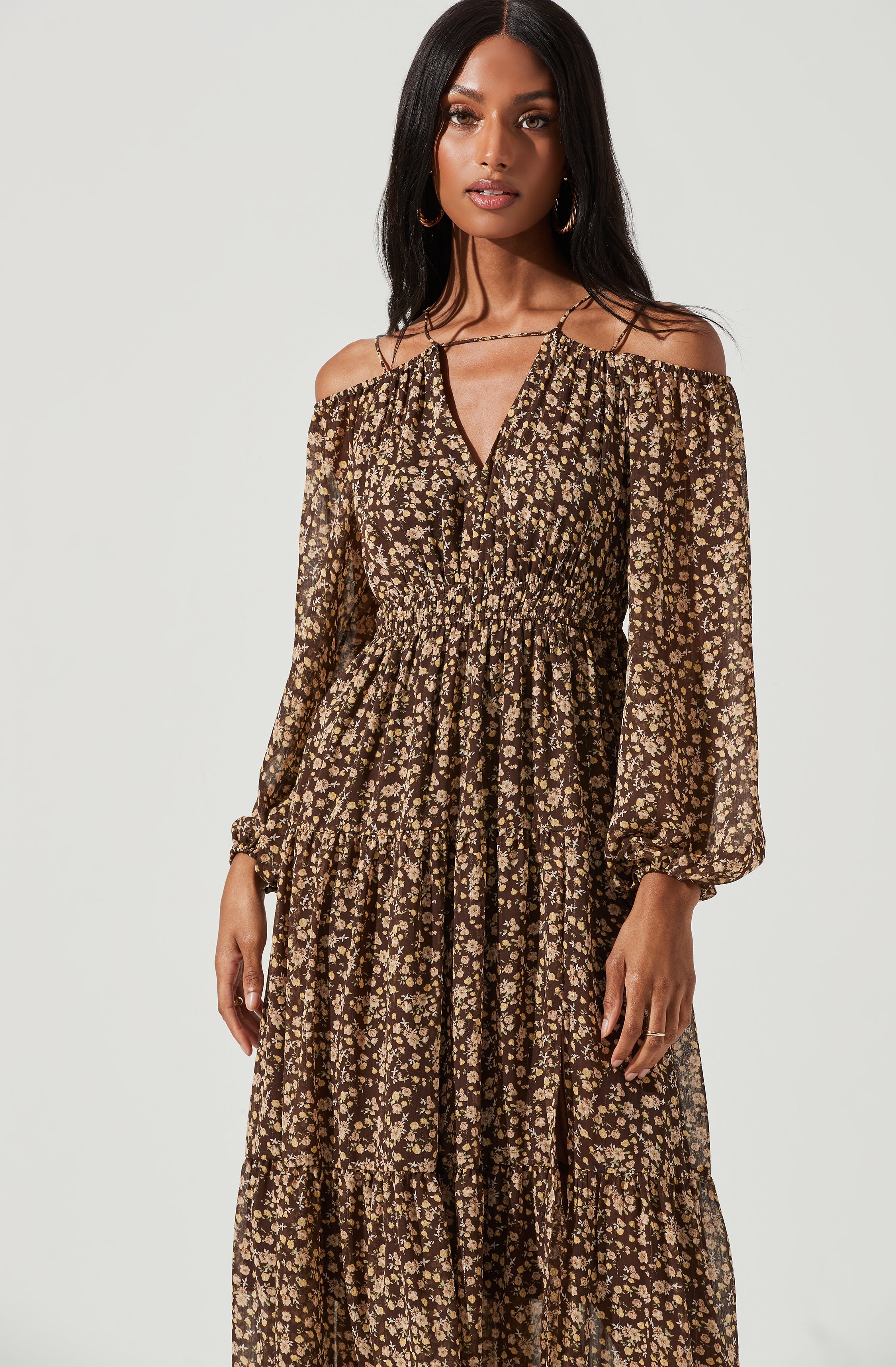 Ciri Floral Cold Shoulder Midi Dress-Aljck