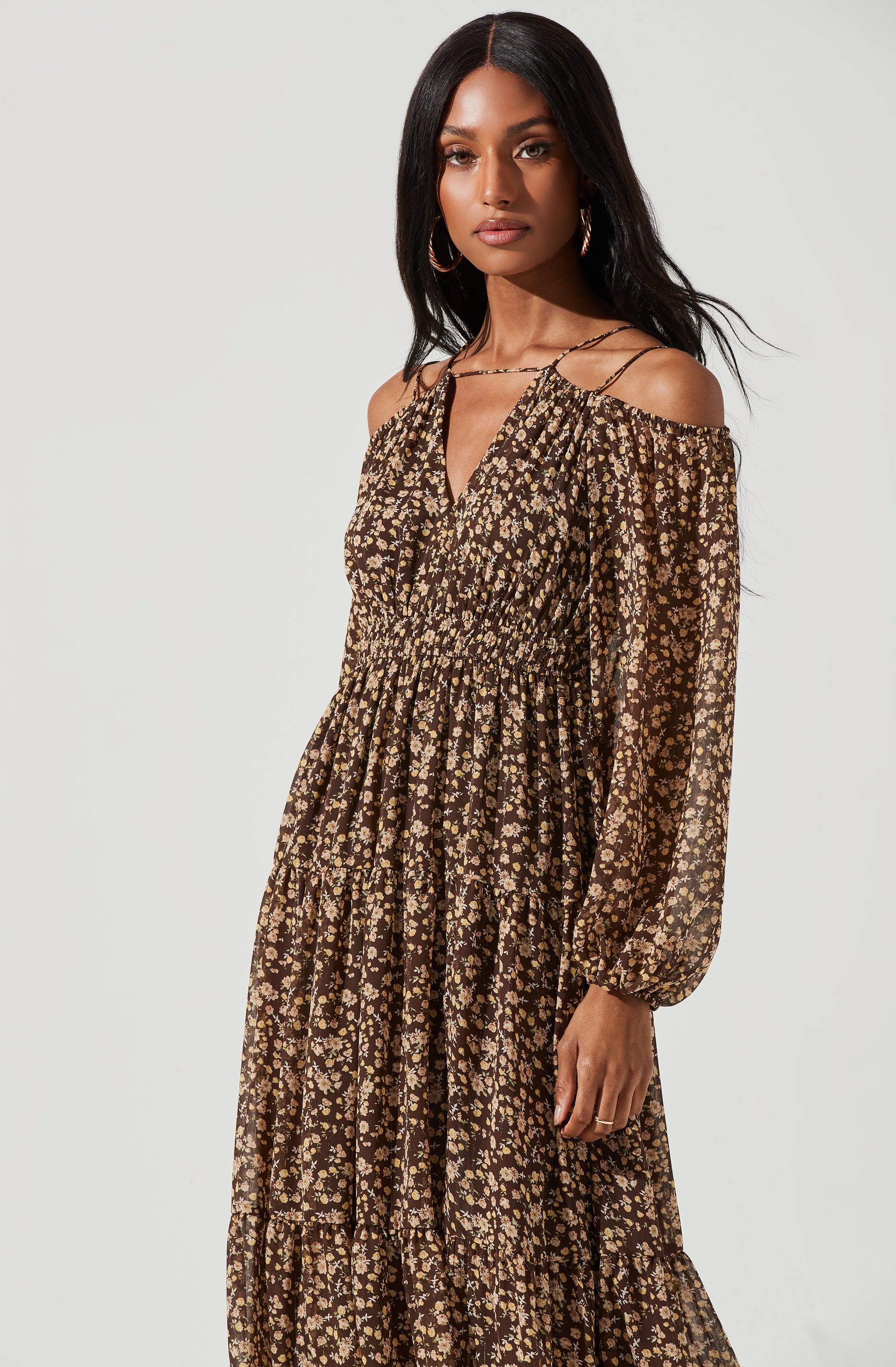 Ciri Floral Cold Shoulder Midi Dress-Aljck