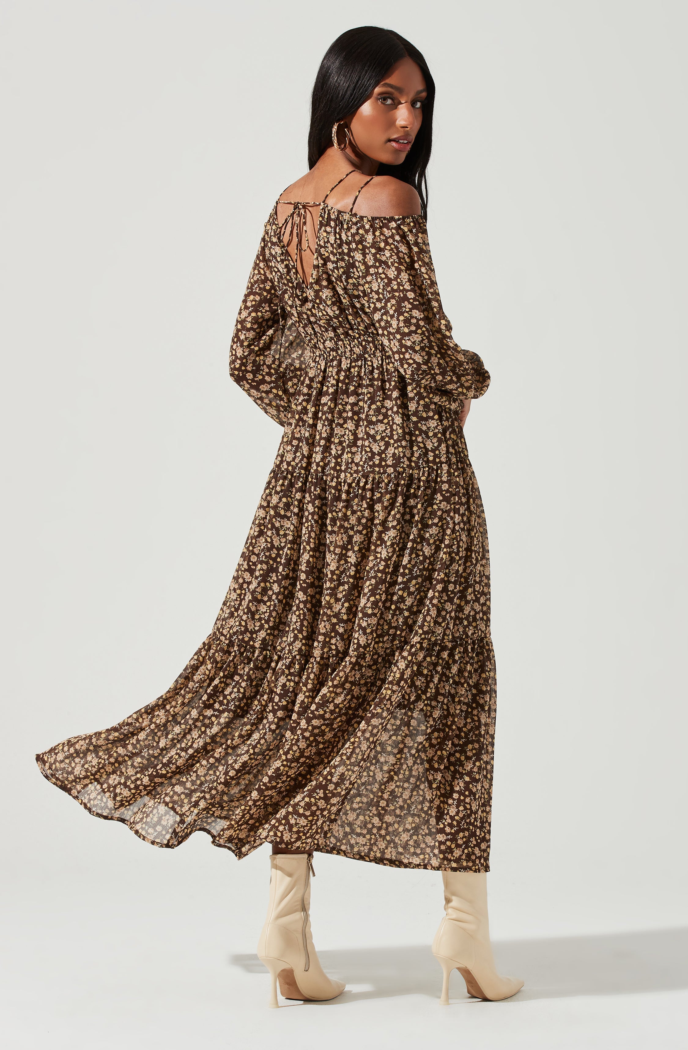 Ciri Floral Cold Shoulder Midi Dress-Aljck