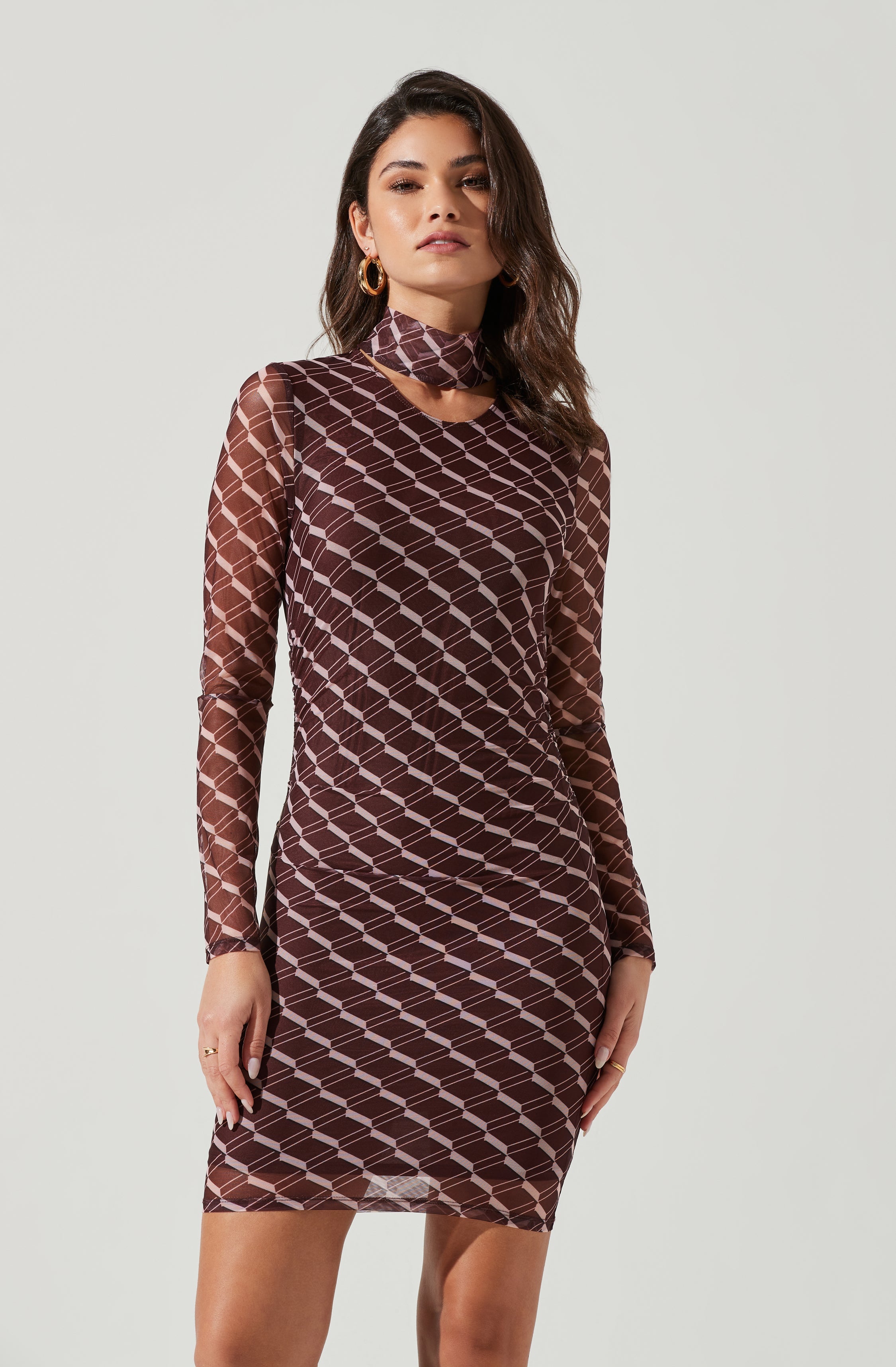 Bryn High Neck Cutout Long Sleeve Mini Dress-Aljck