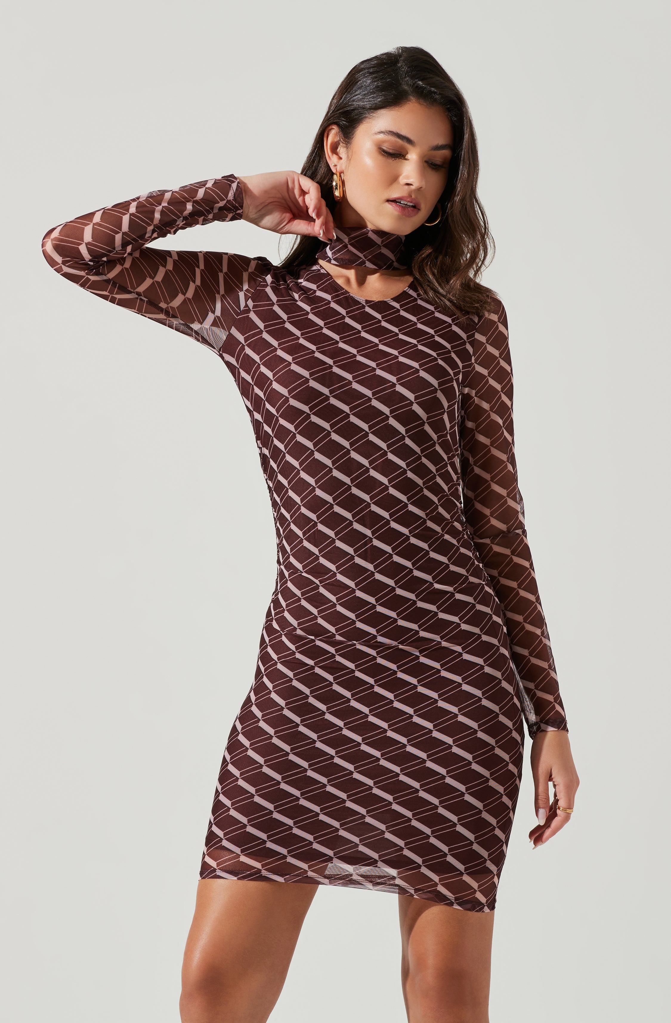 Bryn High Neck Cutout Long Sleeve Mini Dress-Aljck