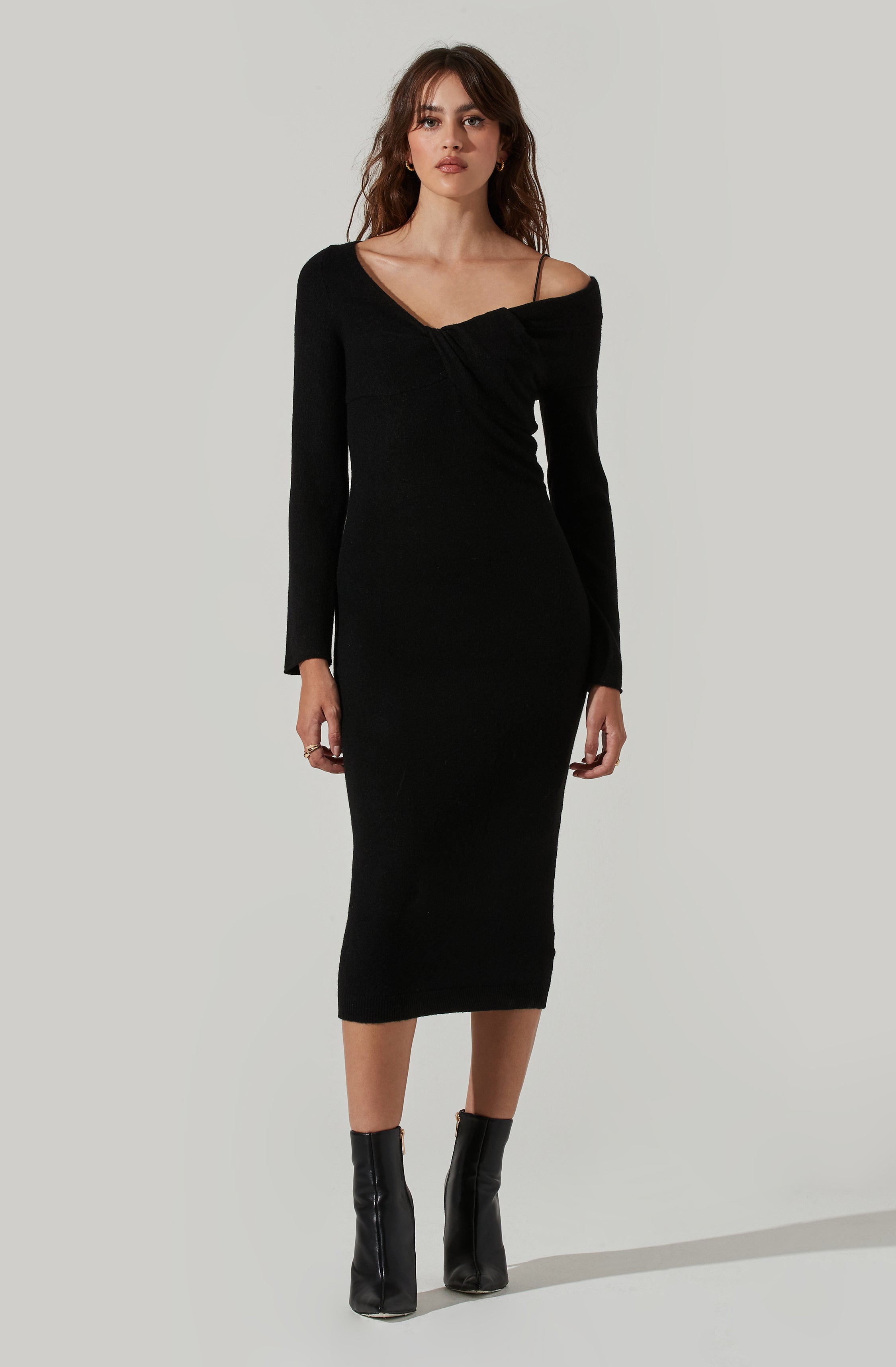 Naya Asymmetrical Shoulder Sweater Midi Dress-Aljck