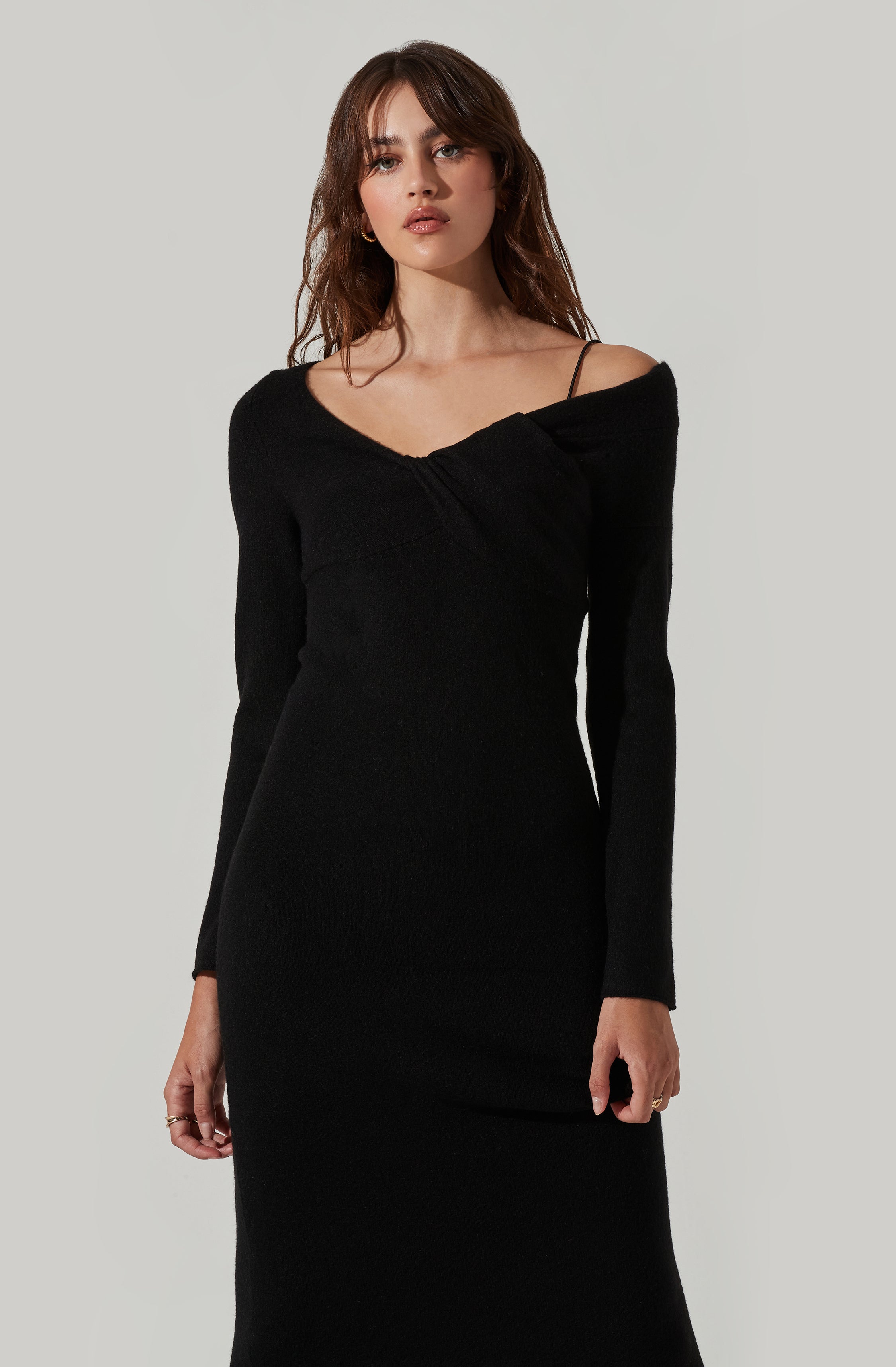 Naya Asymmetrical Shoulder Sweater Midi Dress-Aljck