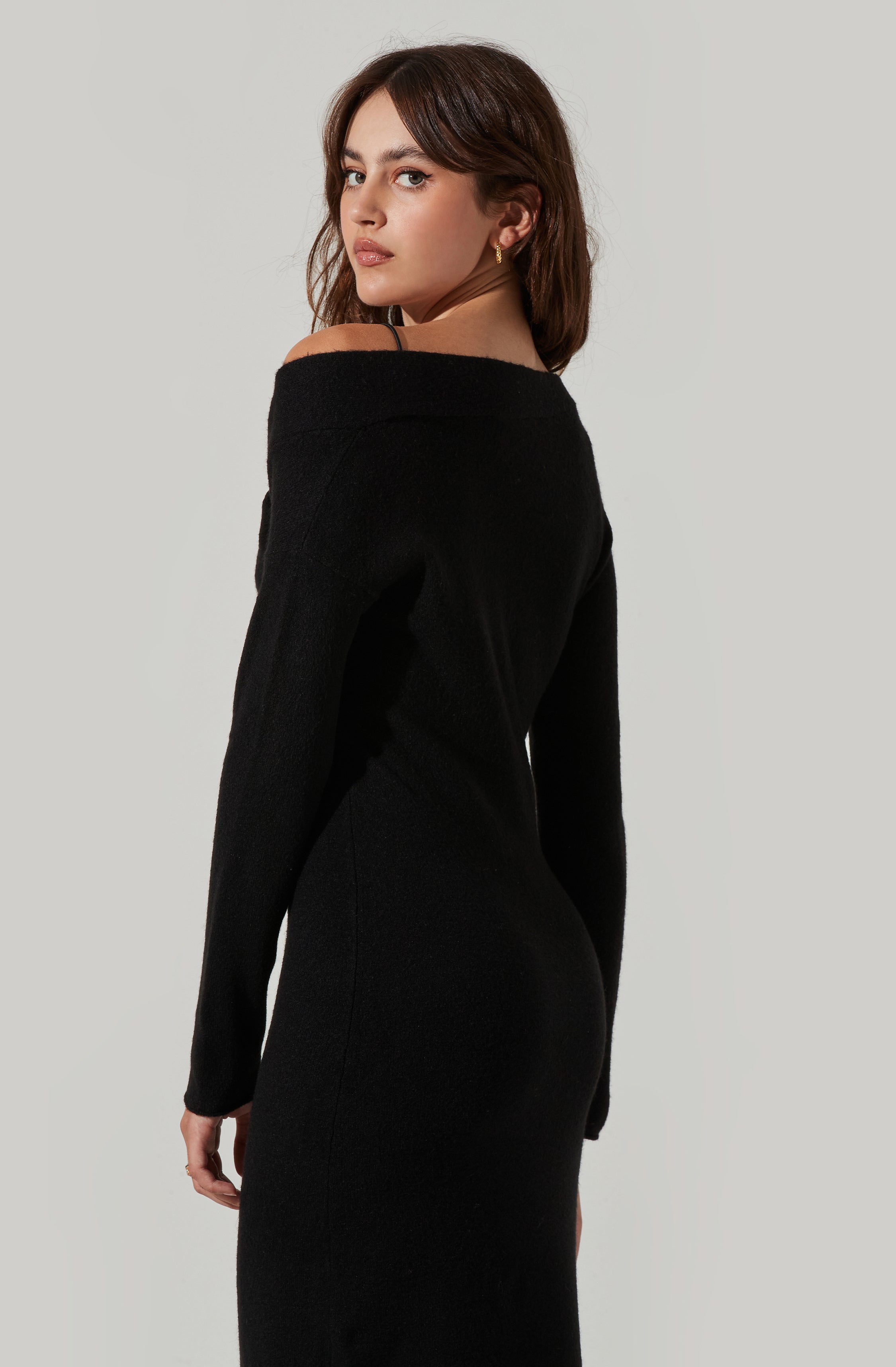 Naya Asymmetrical Shoulder Sweater Midi Dress-Aljck