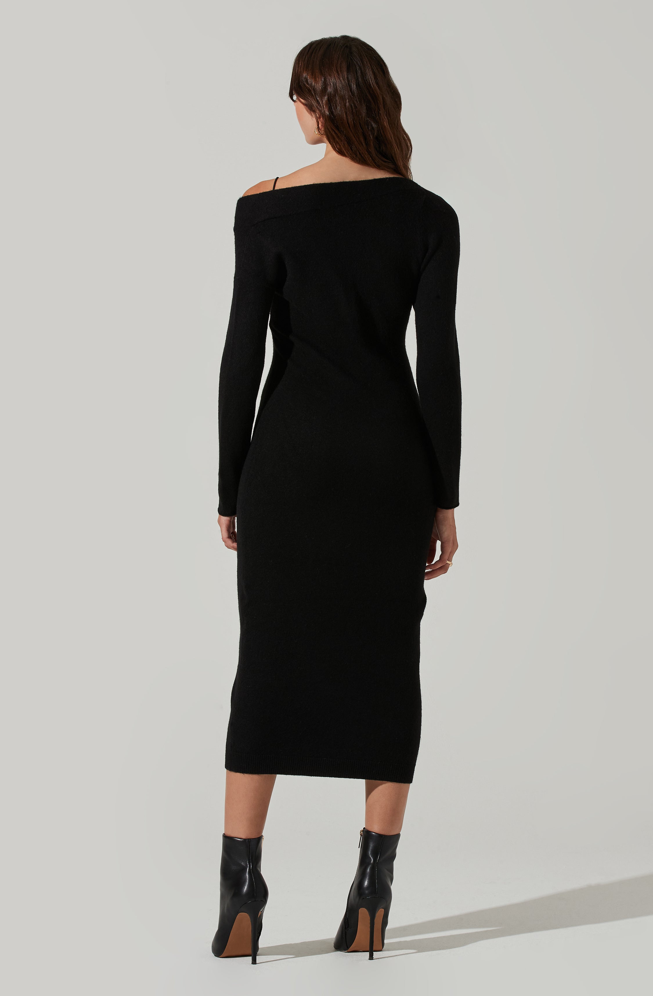 Naya Asymmetrical Shoulder Sweater Midi Dress-Aljck
