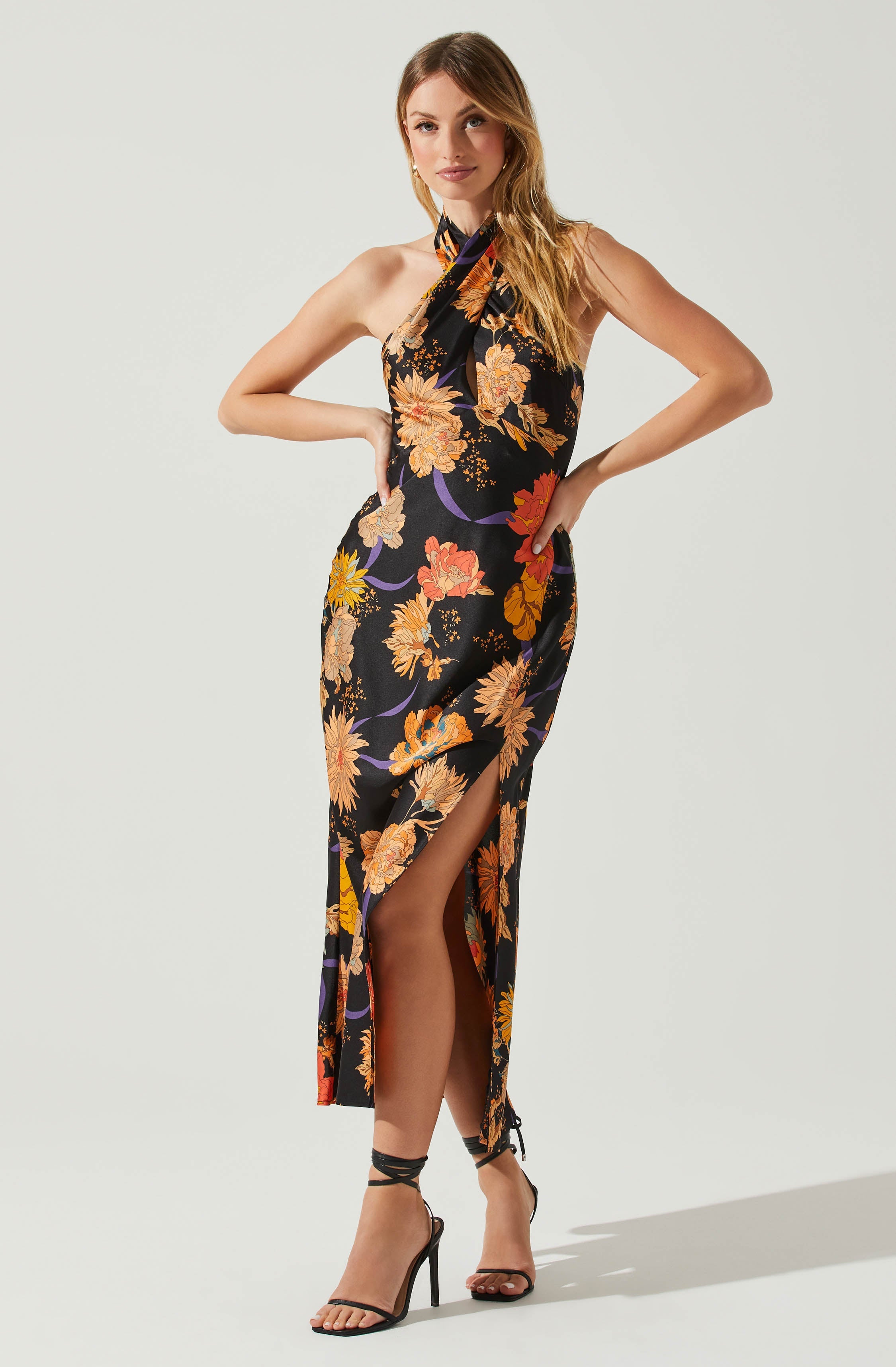 Marissa Satin Halter Neck Floral Midi Dress-Aljck