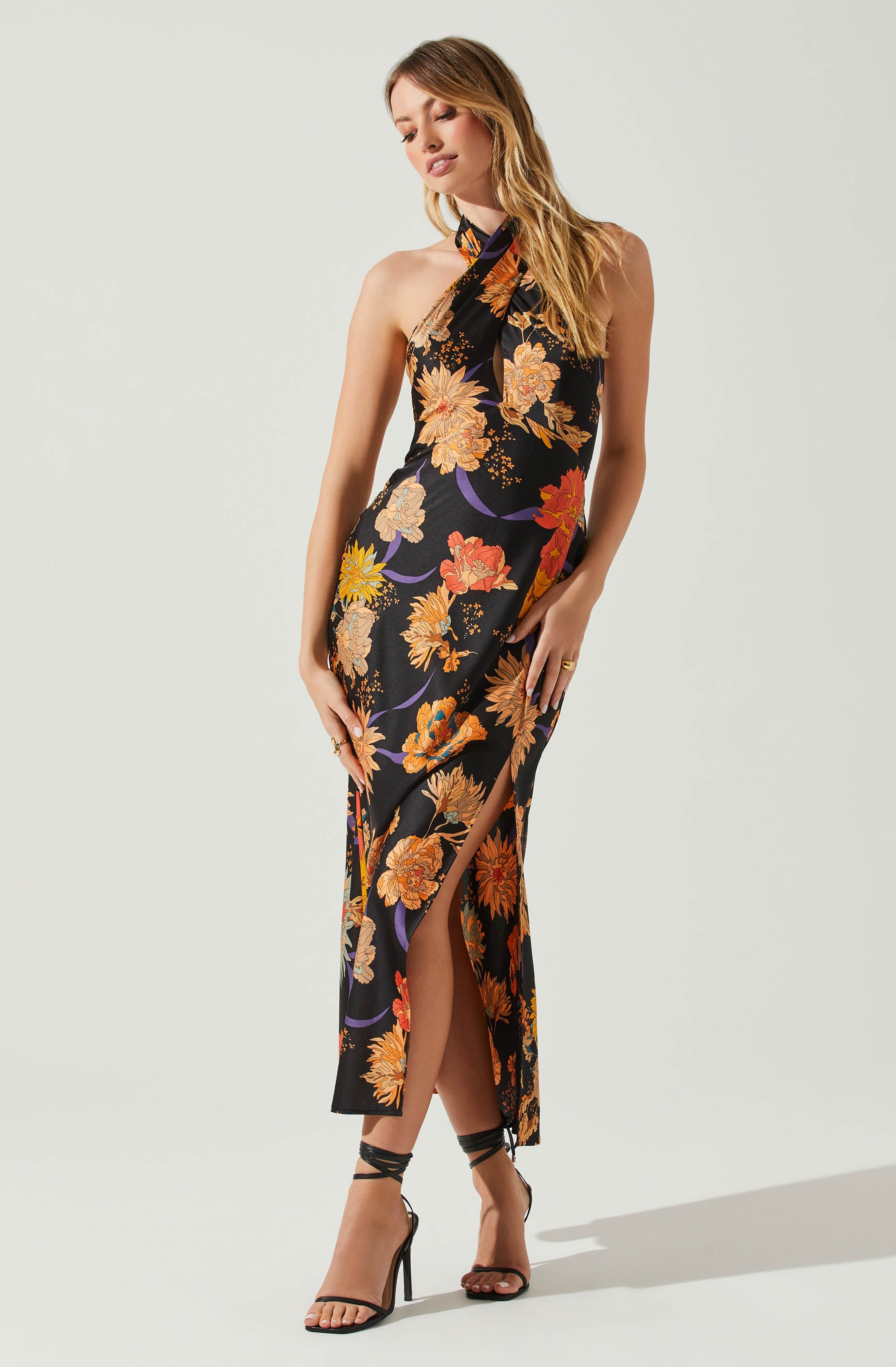 Marissa Satin Halter Neck Floral Midi Dress-Aljck