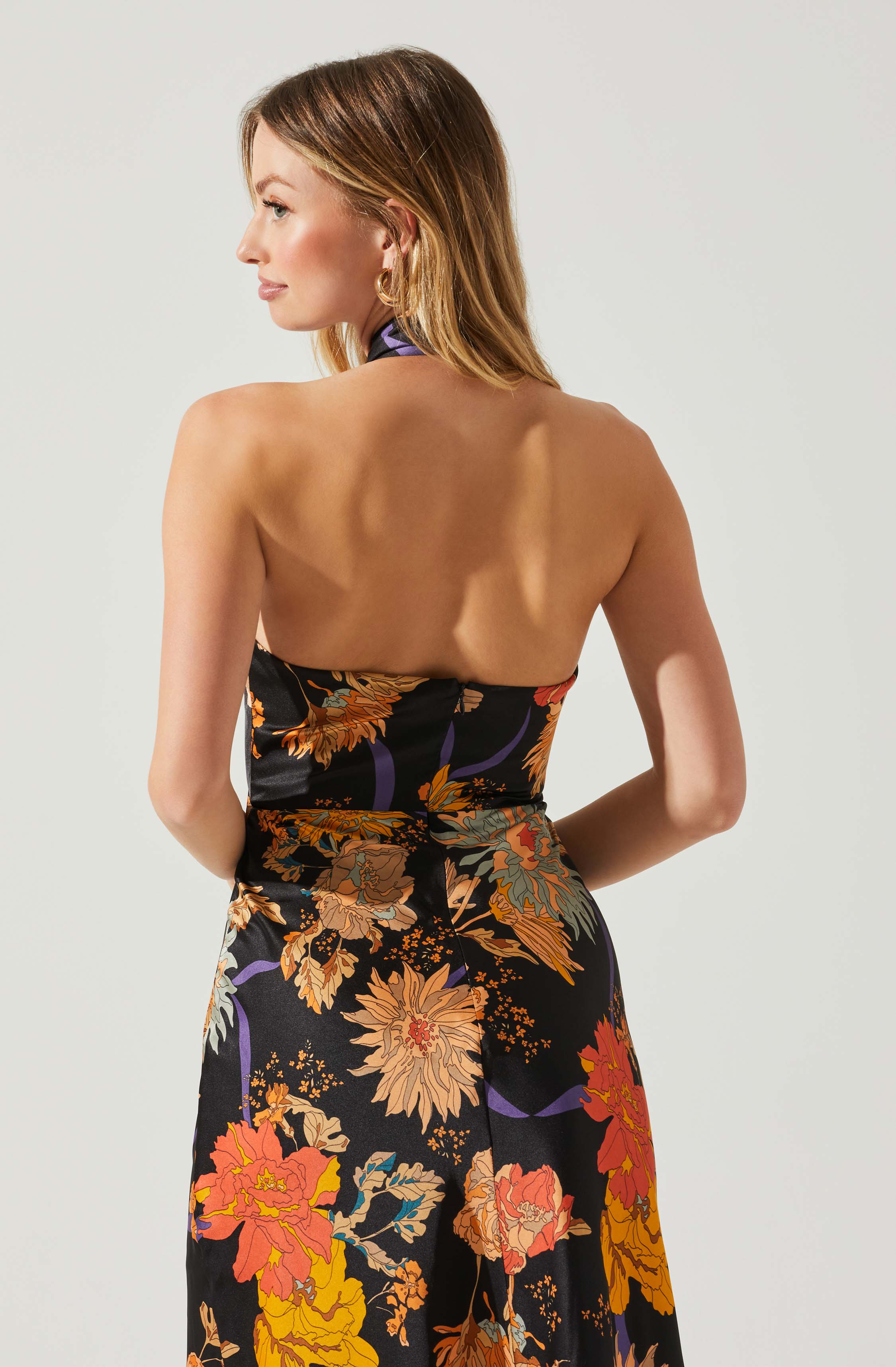 Marissa Satin Halter Neck Floral Midi Dress-Aljck