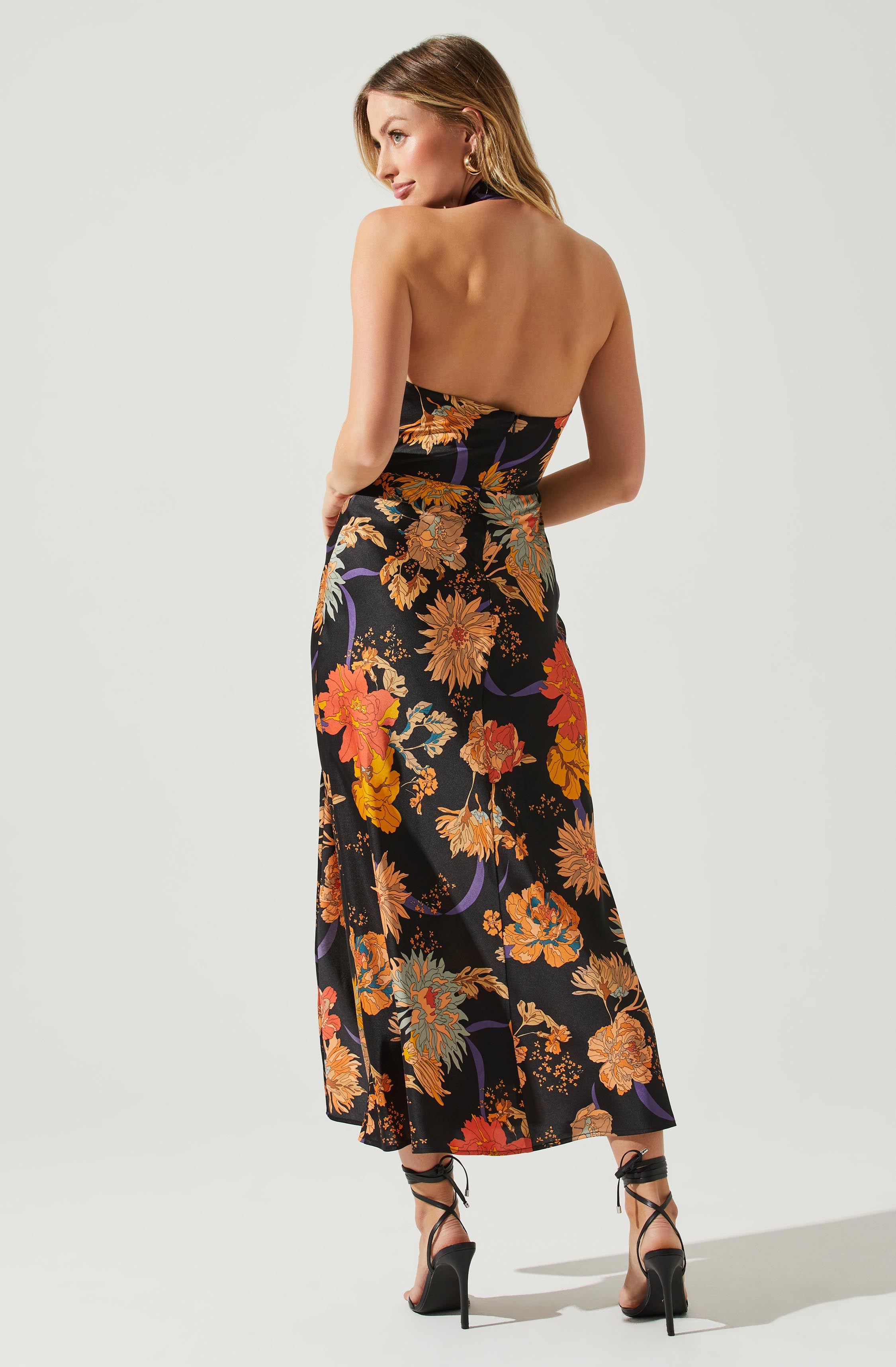 Marissa Satin Halter Neck Floral Midi Dress-Aljck