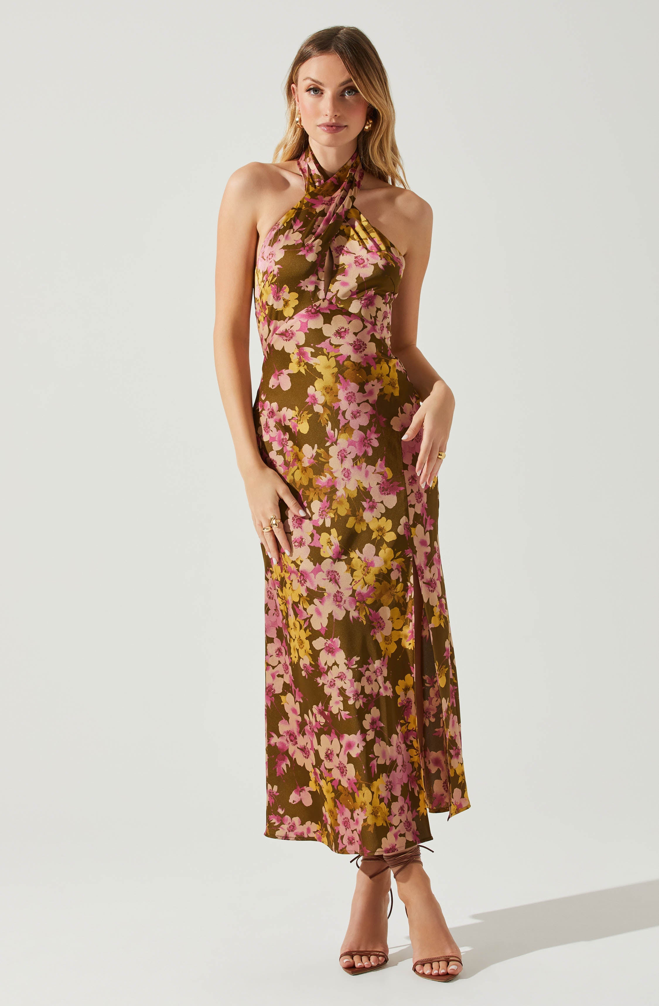 Marissa Satin Halter Neck Floral Midi Dress-Aljck
