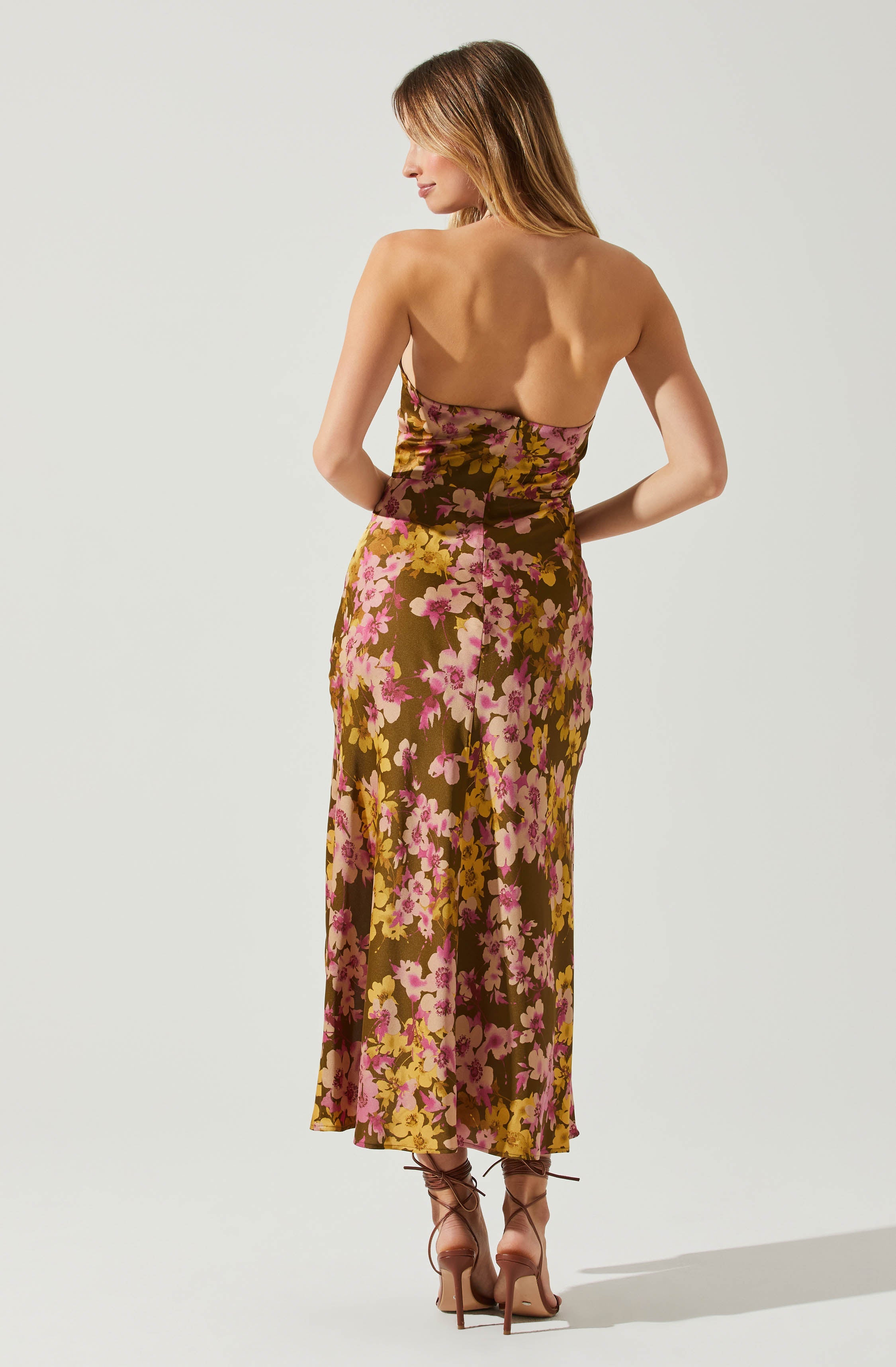 Marissa Satin Halter Neck Floral Midi Dress-Aljck
