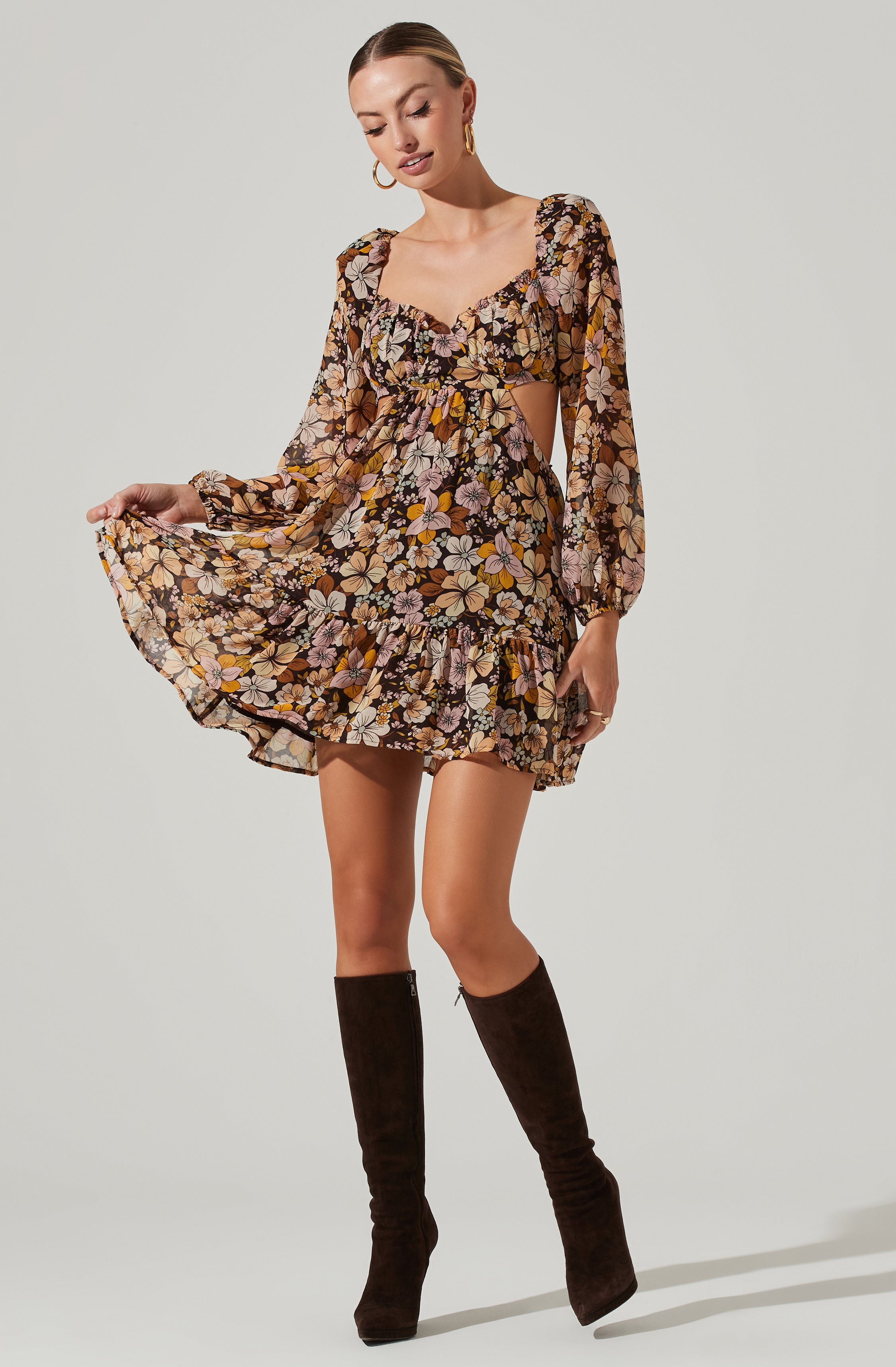 Teyla Floral Cutout Long Sleeve Mini Dress-Aljck
