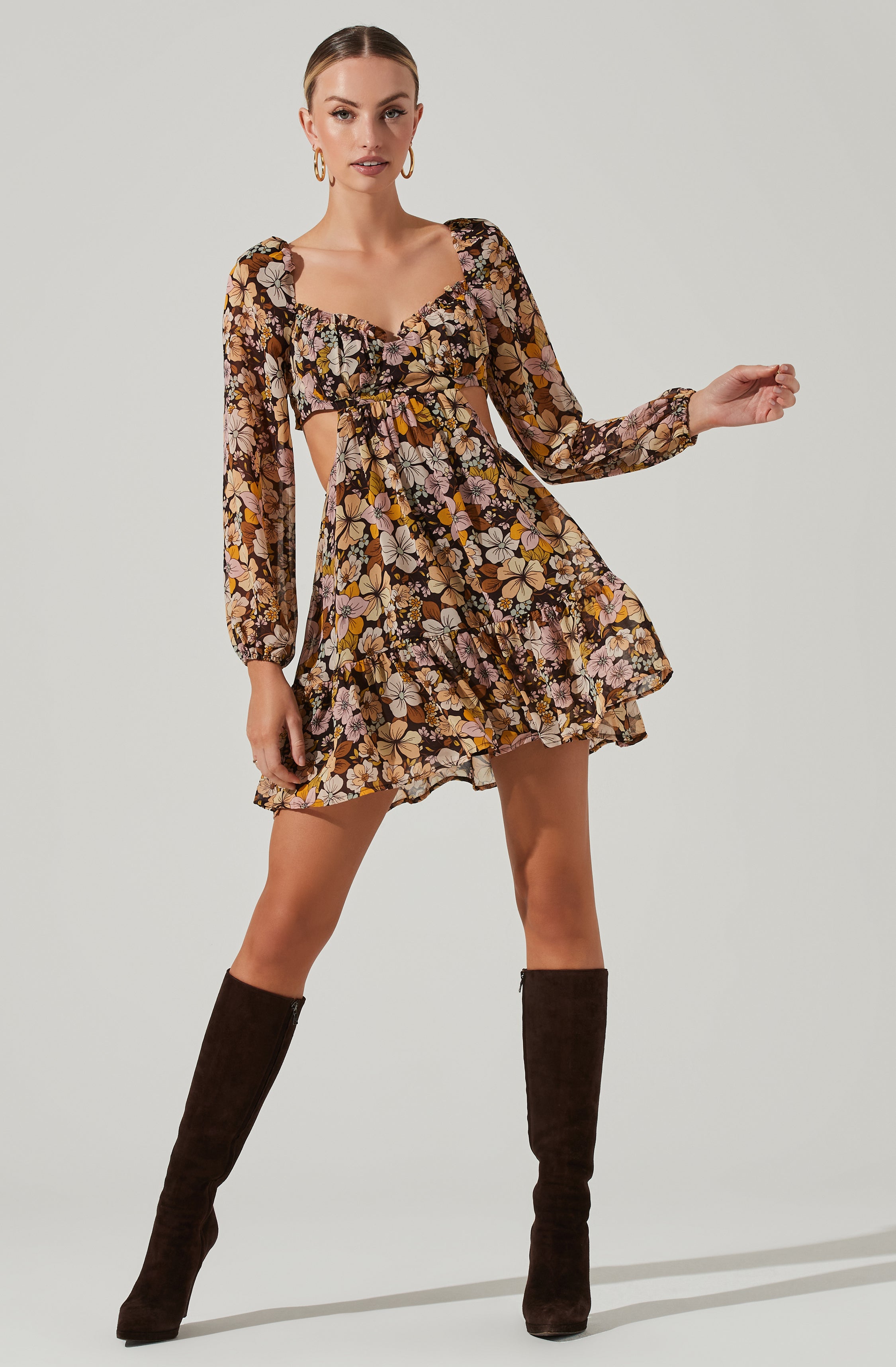 Teyla Floral Cutout Long Sleeve Mini Dress-Aljck