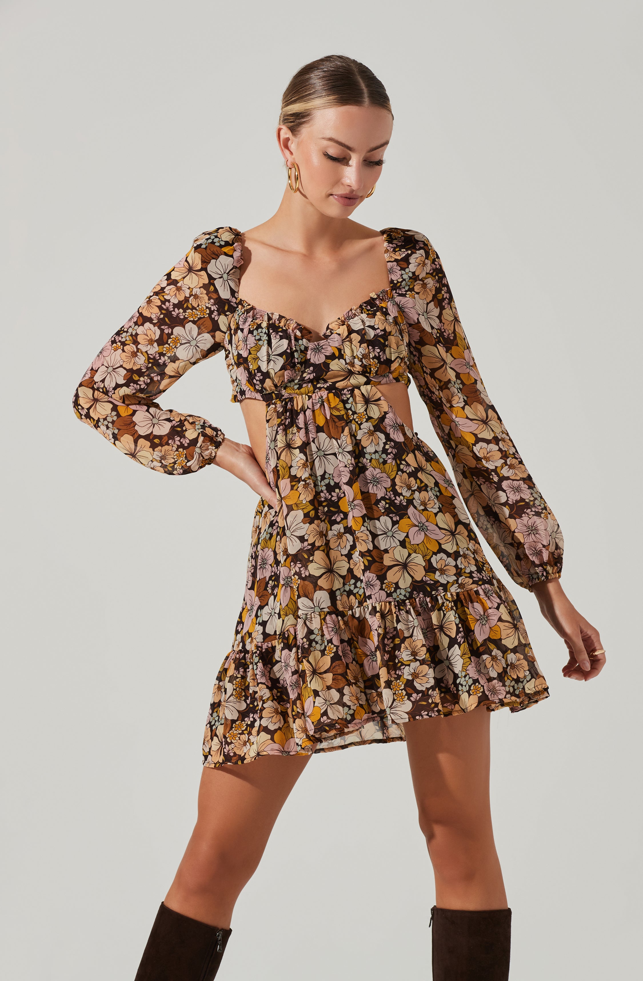 Teyla Floral Cutout Long Sleeve Mini Dress-Aljck