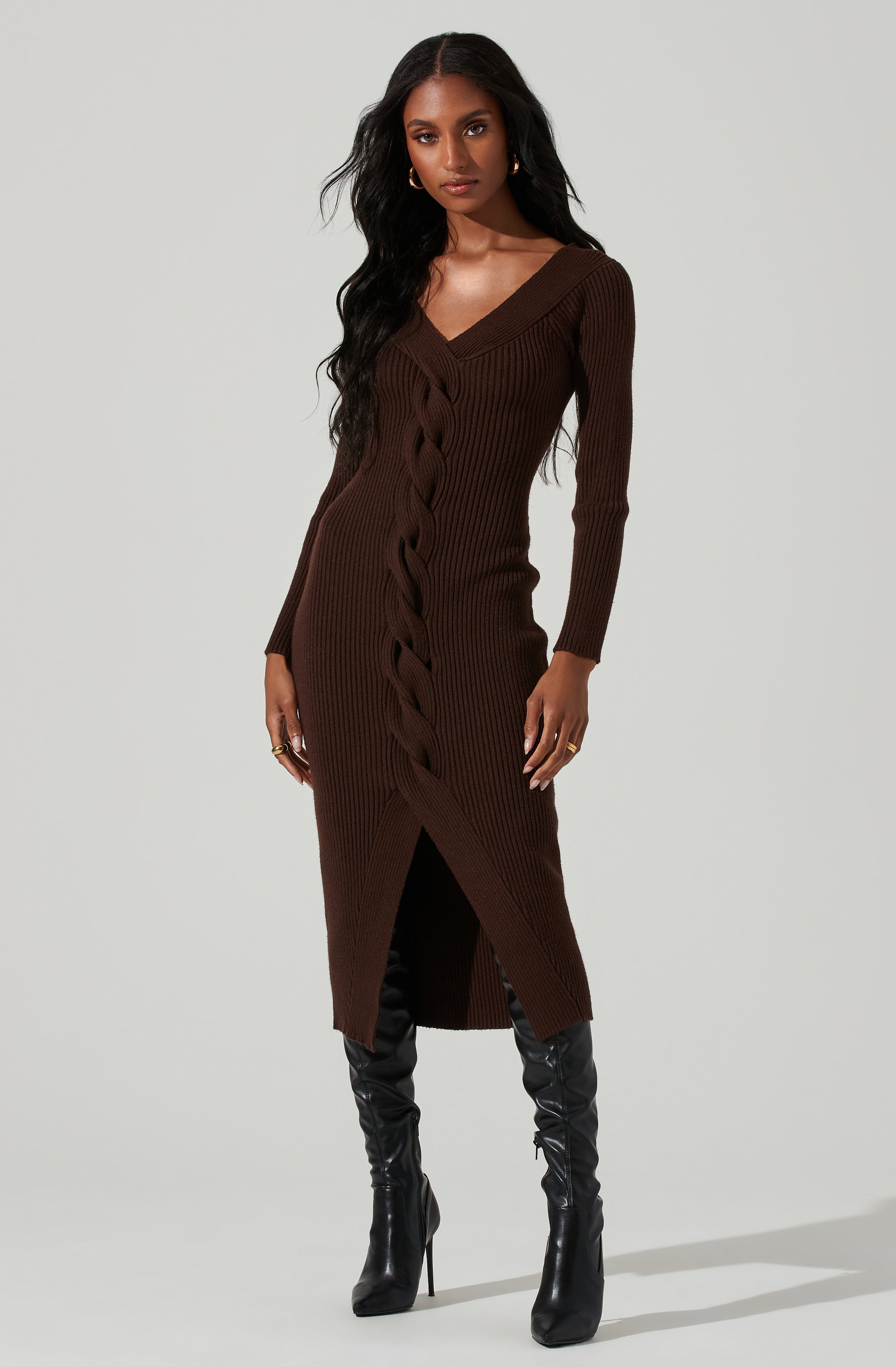 Vesper Ribbed Knit Sweater Midi Dress-Aljck