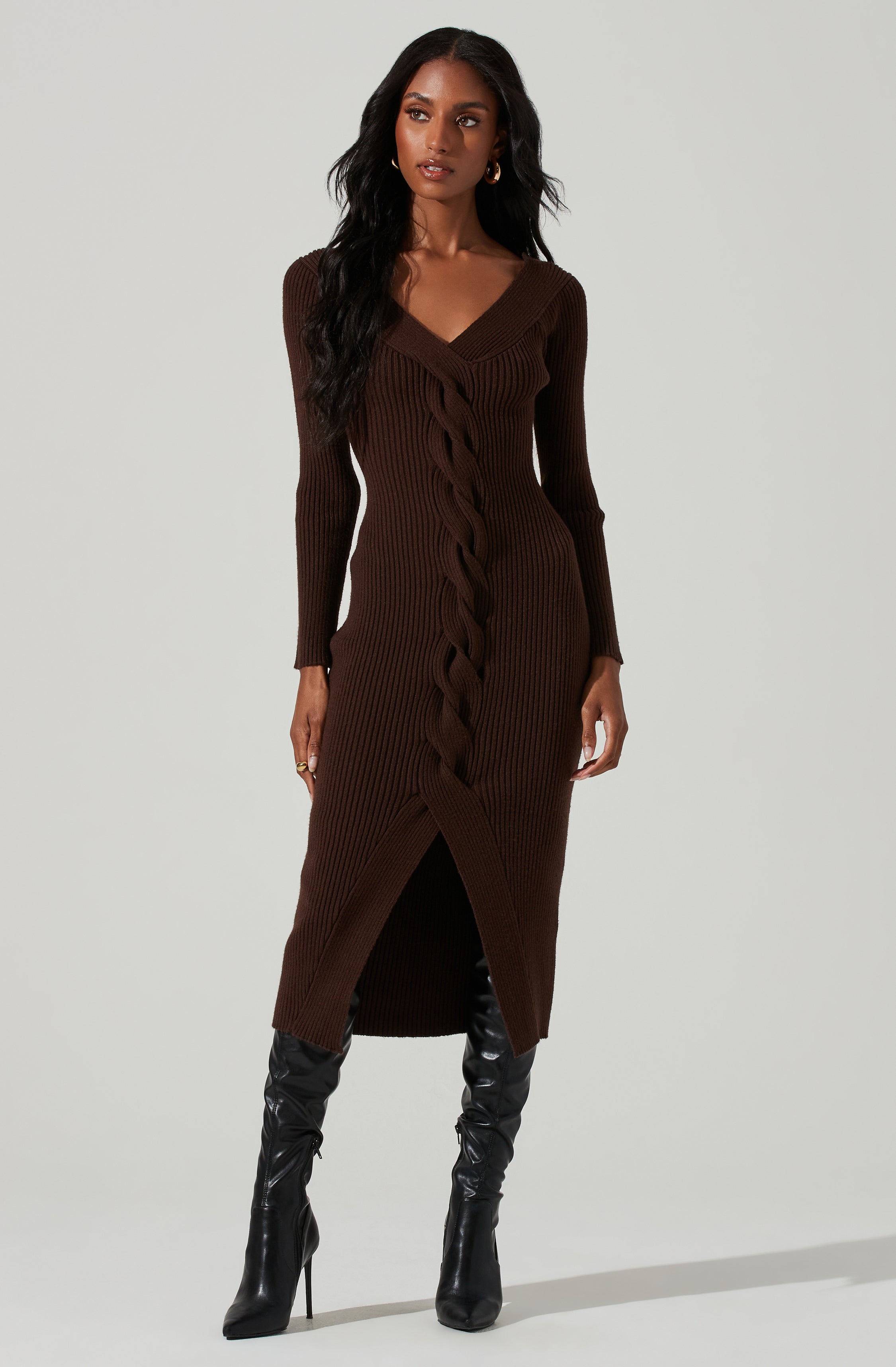 Vesper Ribbed Knit Sweater Midi Dress-Aljck